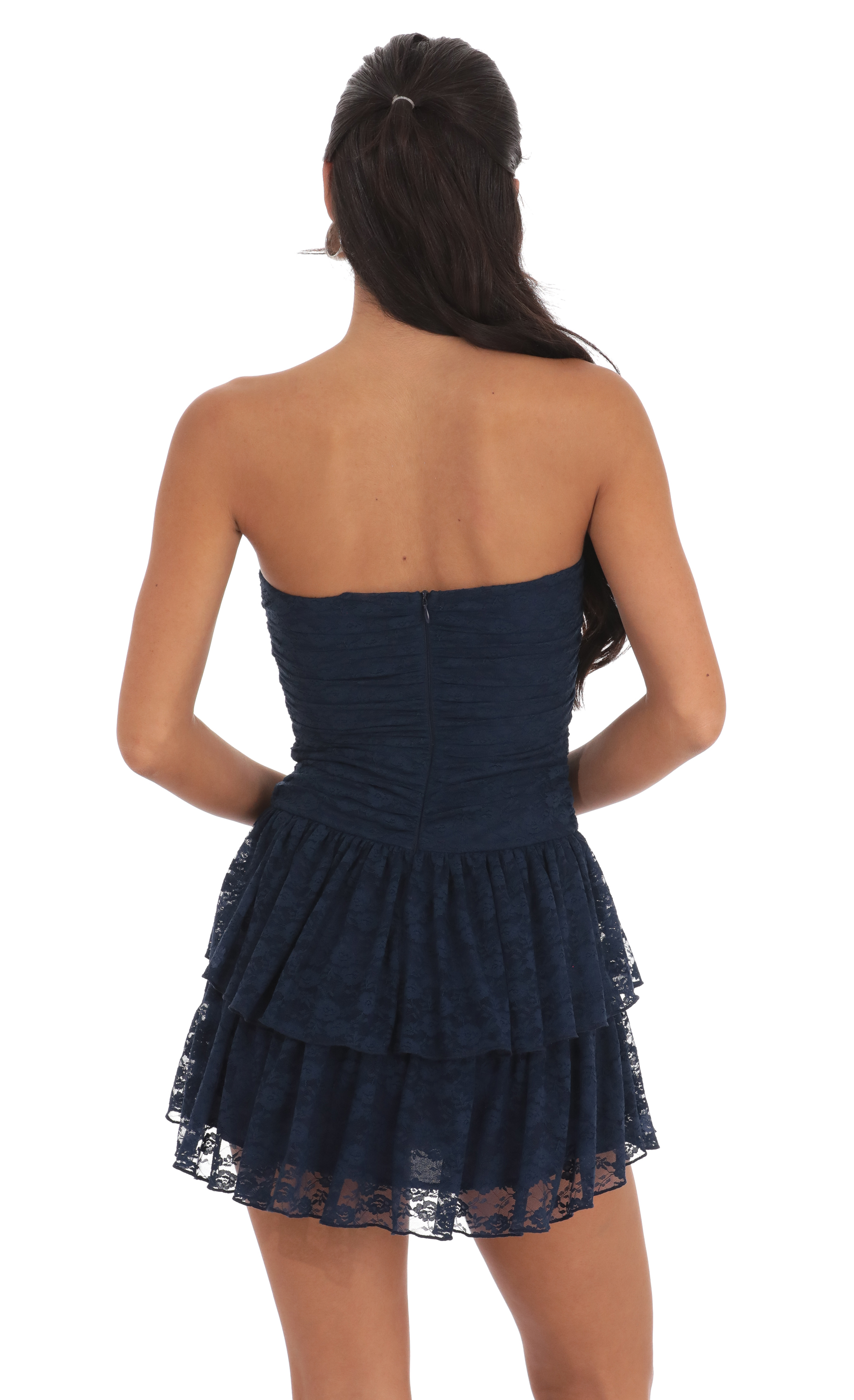 Lace Strapless Ruched Ruffle Dress in Navy-My Sky Diva