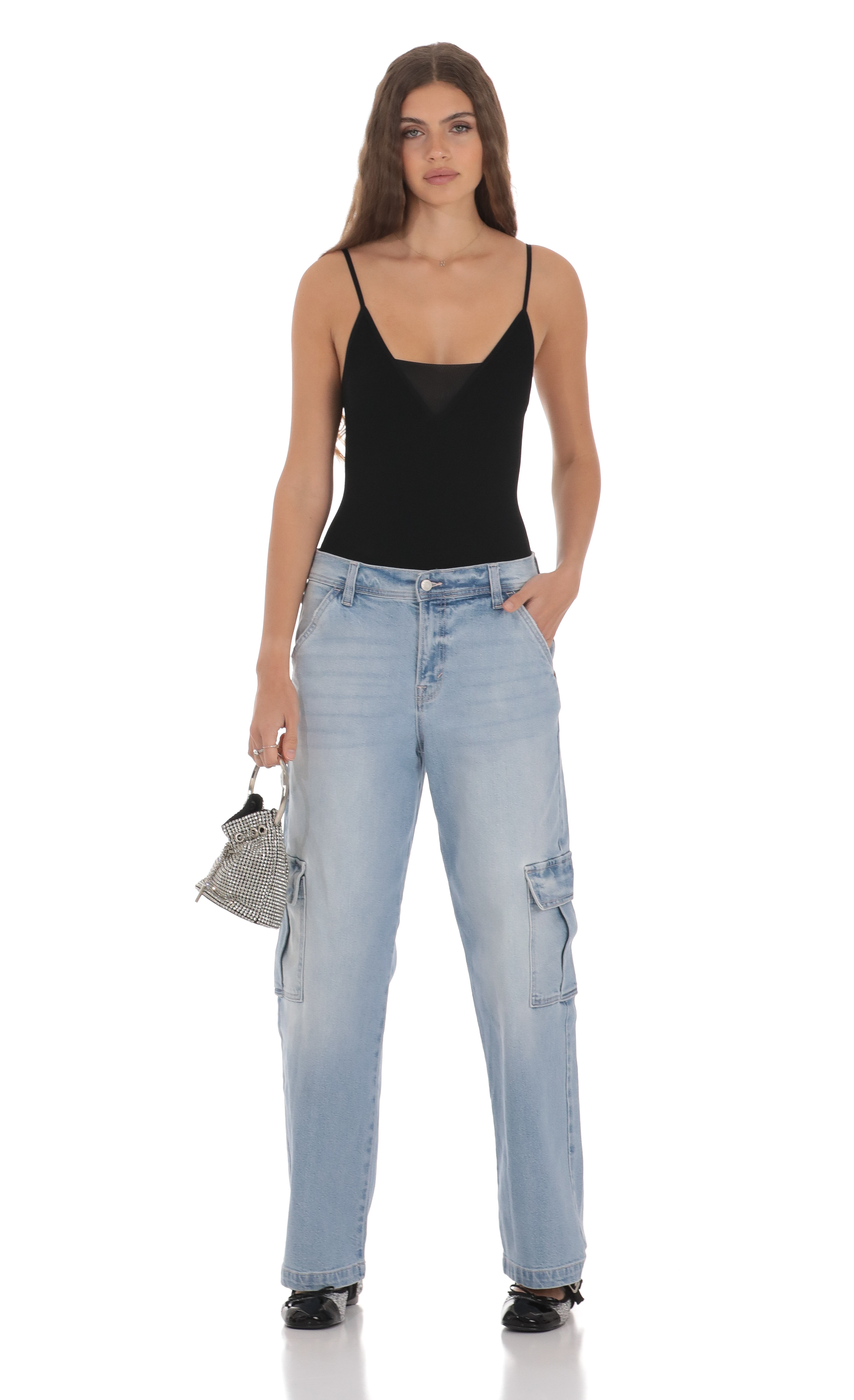 Cargo Wide Leg Jeans in Faded Denim-My Sky Diva