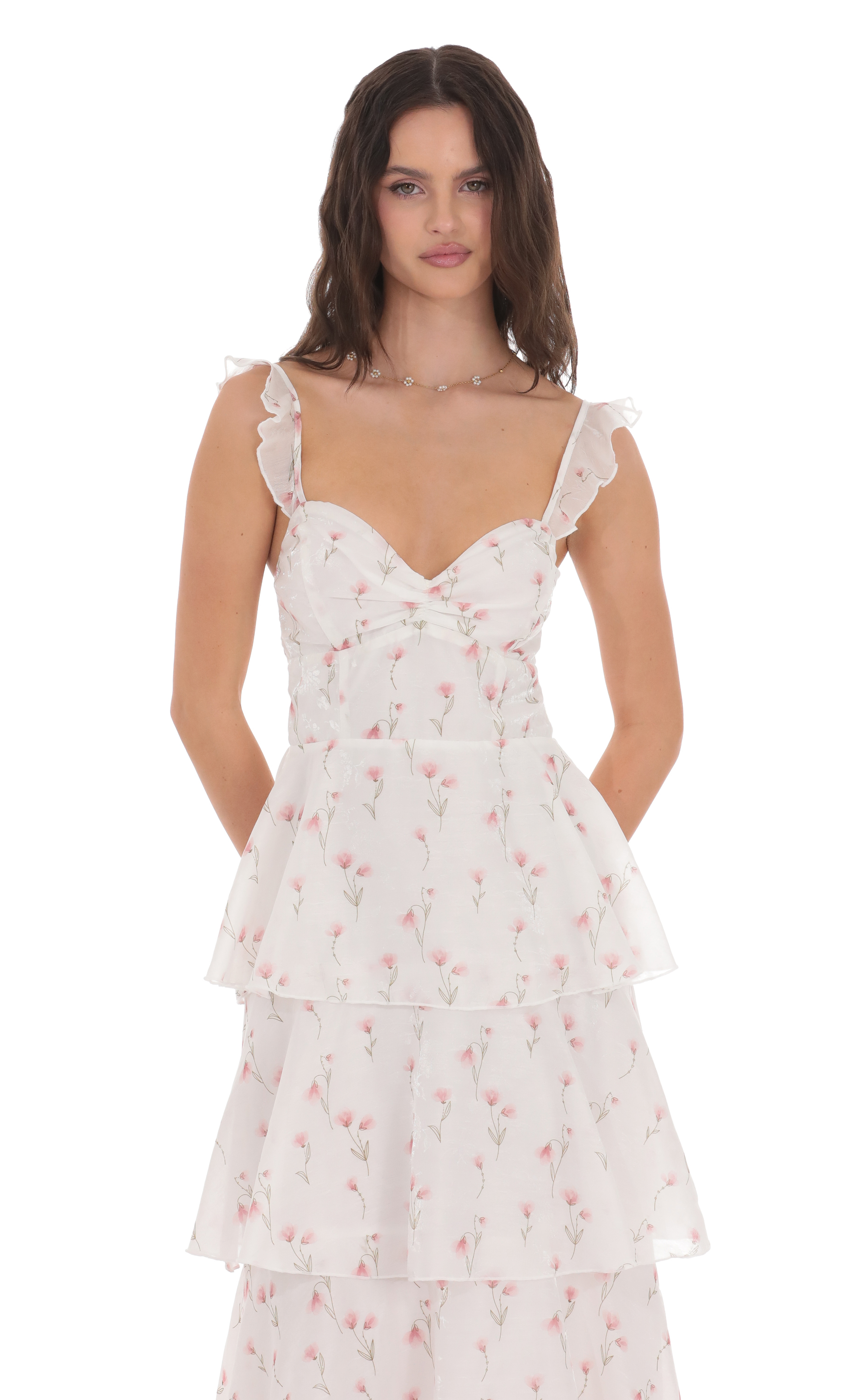 Floral Ruffle Maxi Dress in White-My Sky Diva