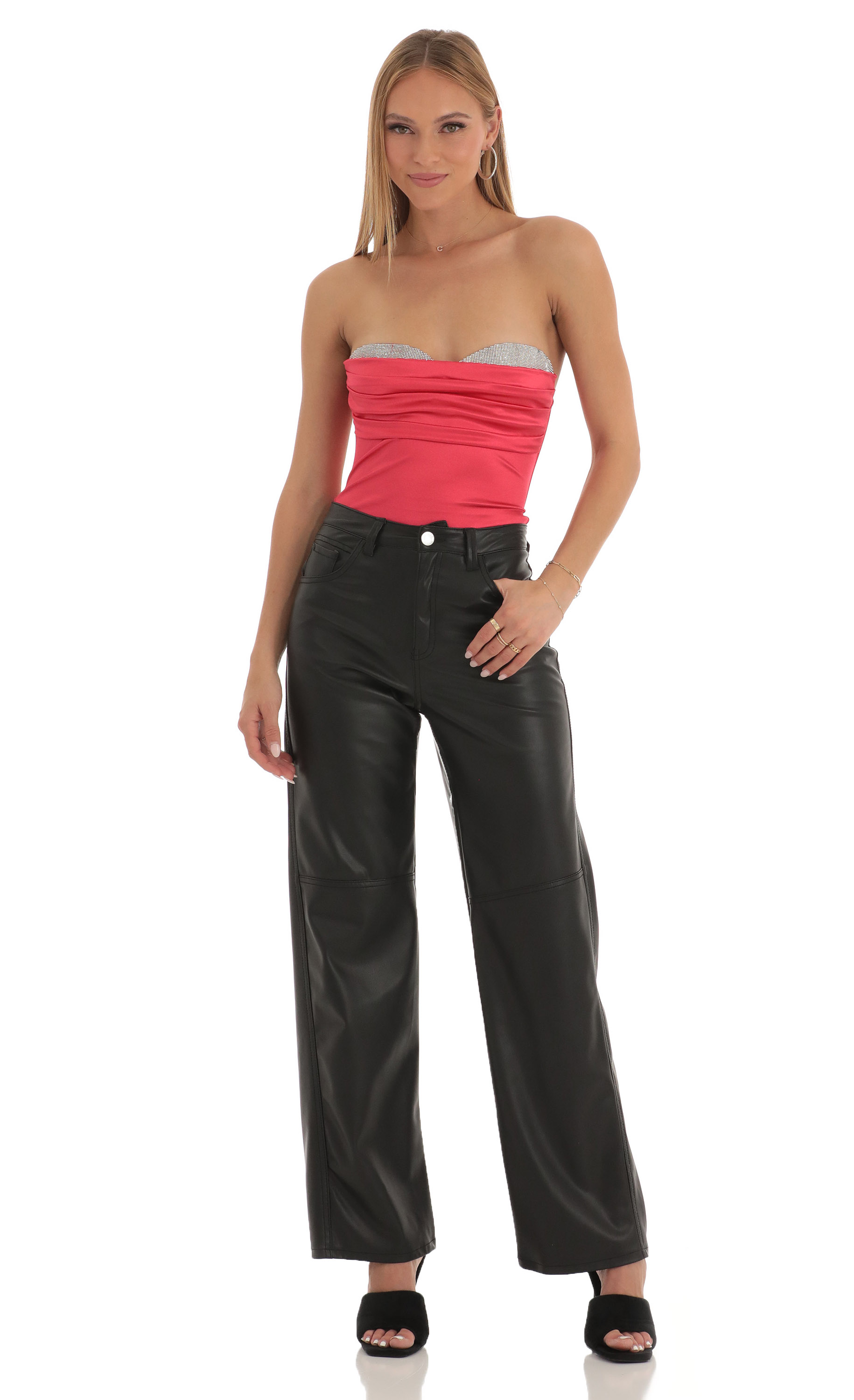 Rhinestone Satin Bodysuit in Red-My Sky Diva