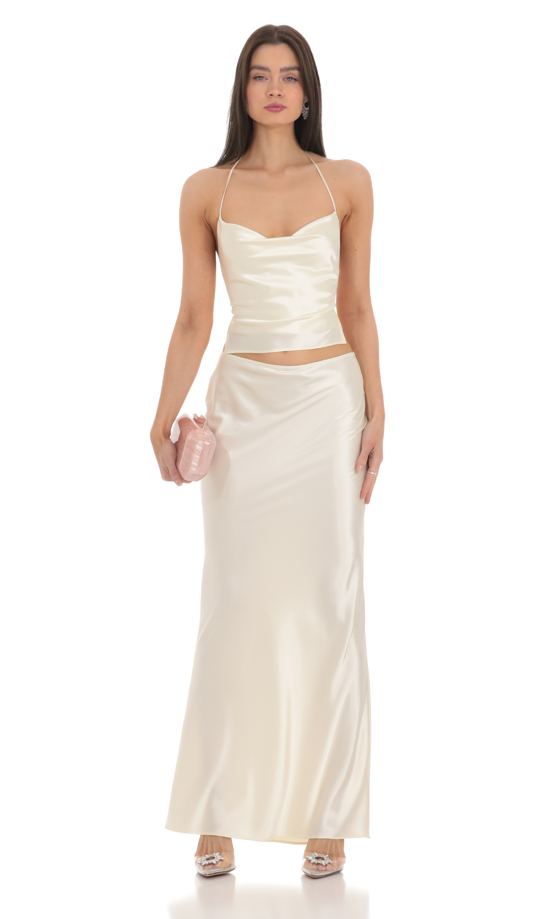 Satin Slip Two Piece Set in Ivory-My Sky Diva