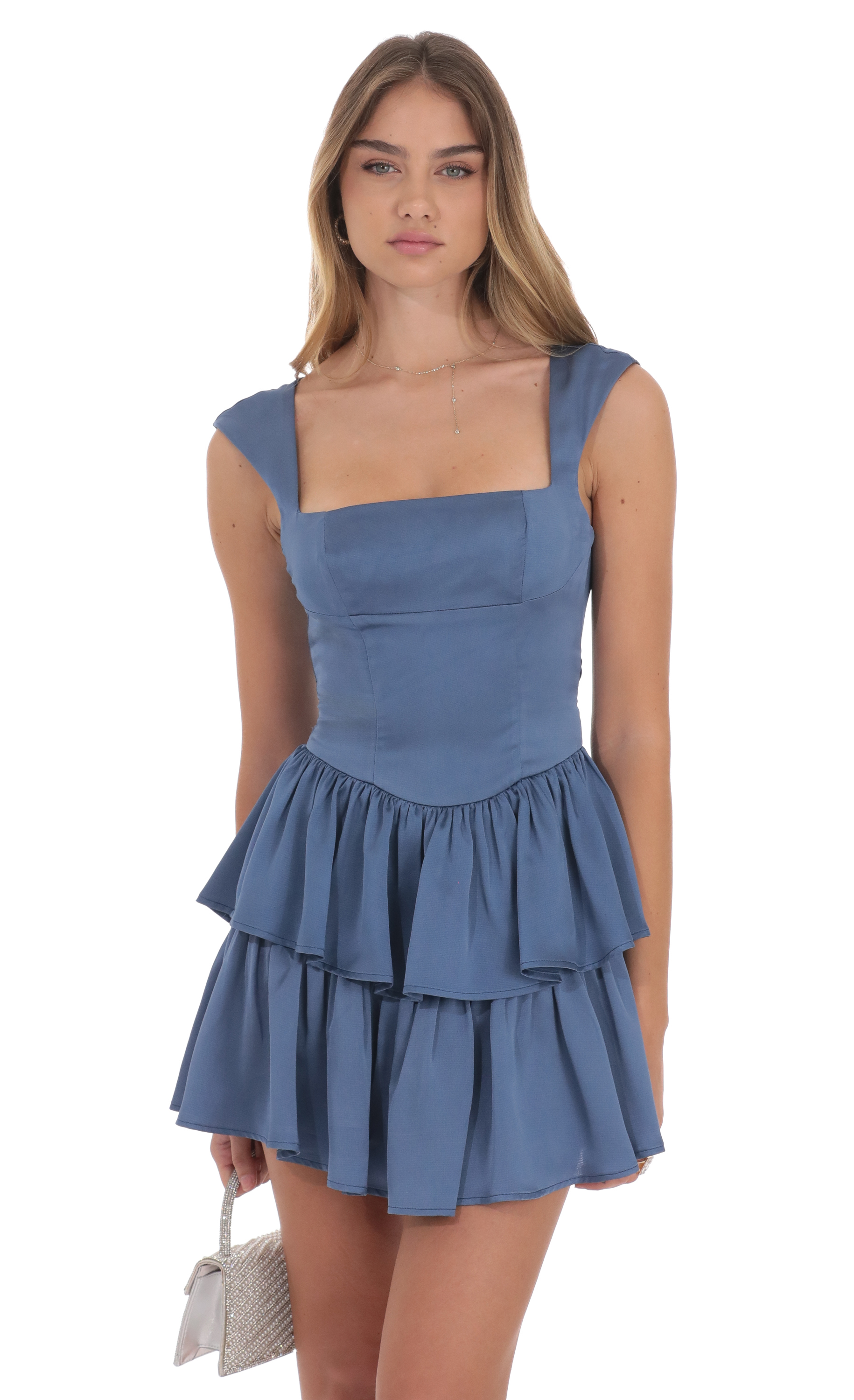 Satin Wide Strap Ruffle Dress in Denim Blue-My Sky Diva