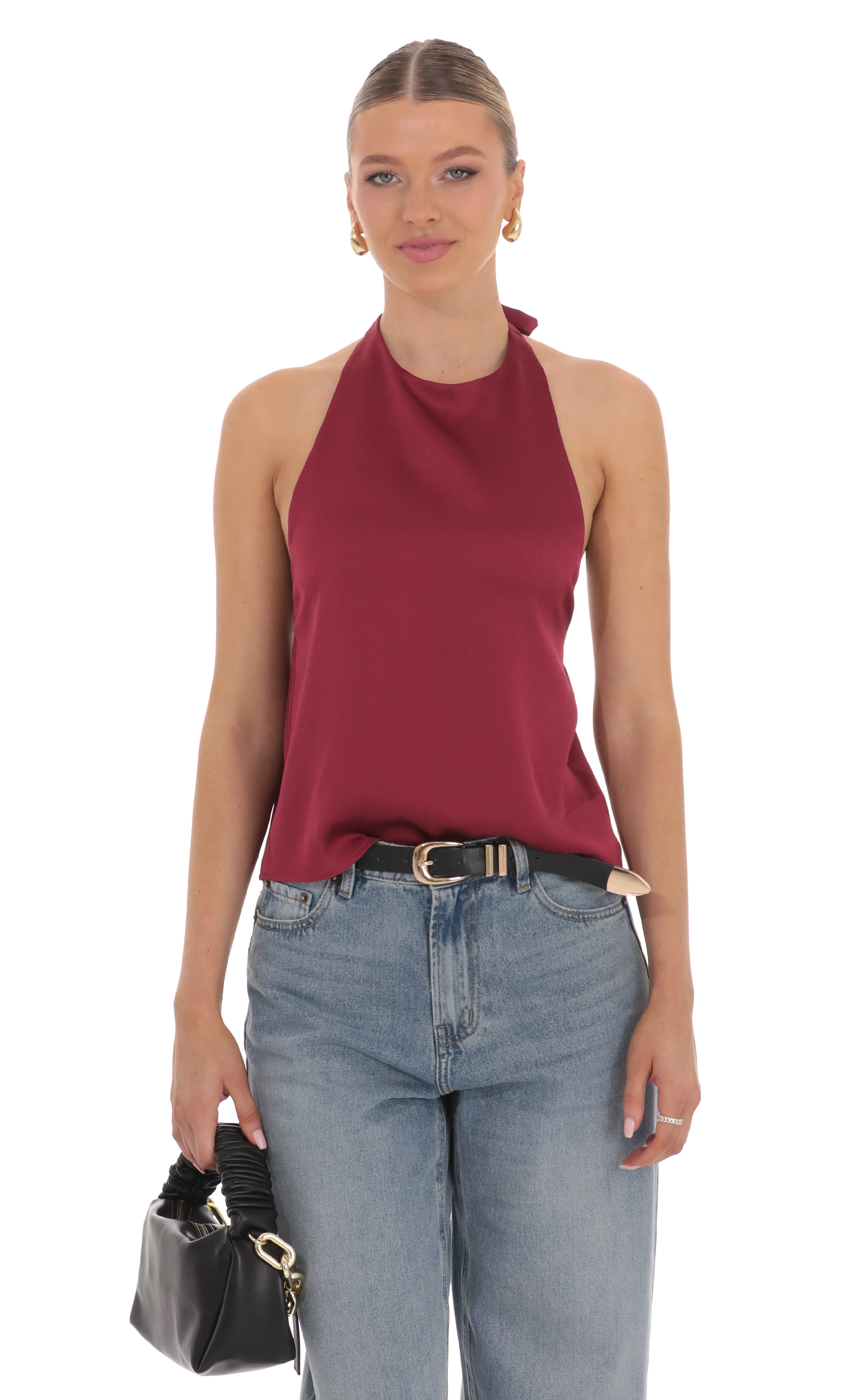 Satin Halter Top in Burgundy-My Sky Diva