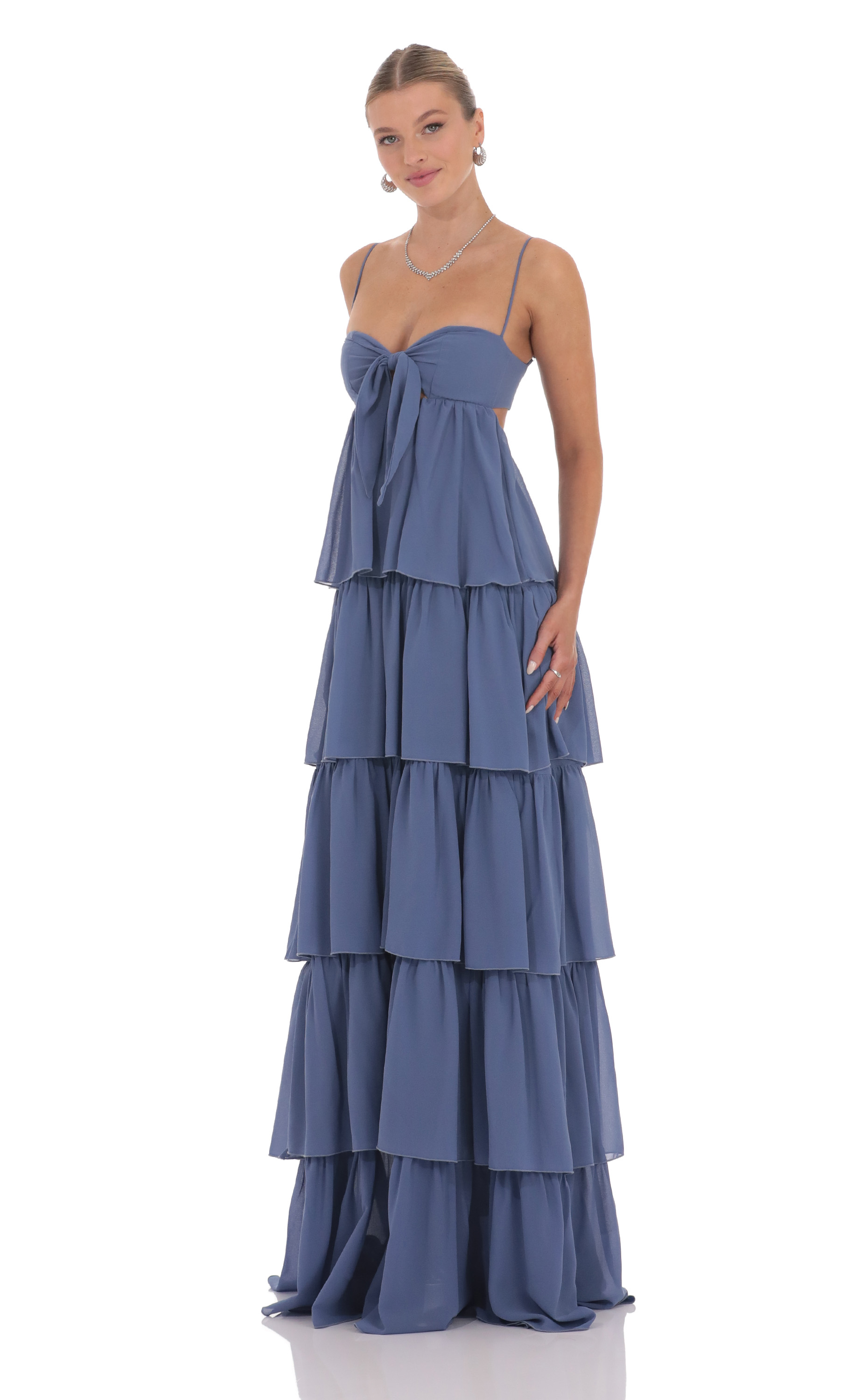 Chiffon Front Tie Ruffle Dress in Denim Blue-My Sky Diva