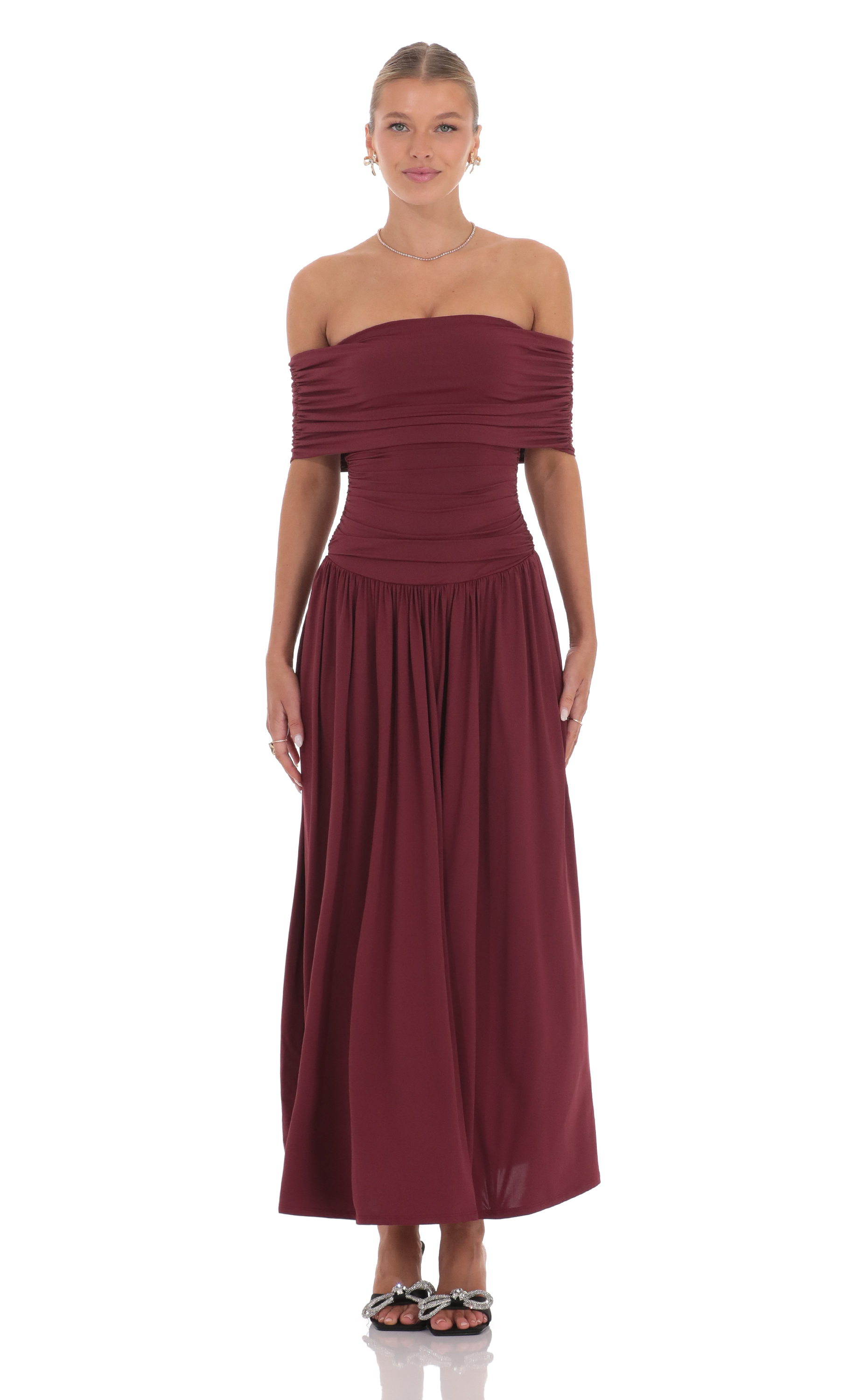 Off Shoulder Drop Waist Maxi Dress in Burgundy-My Sky Diva