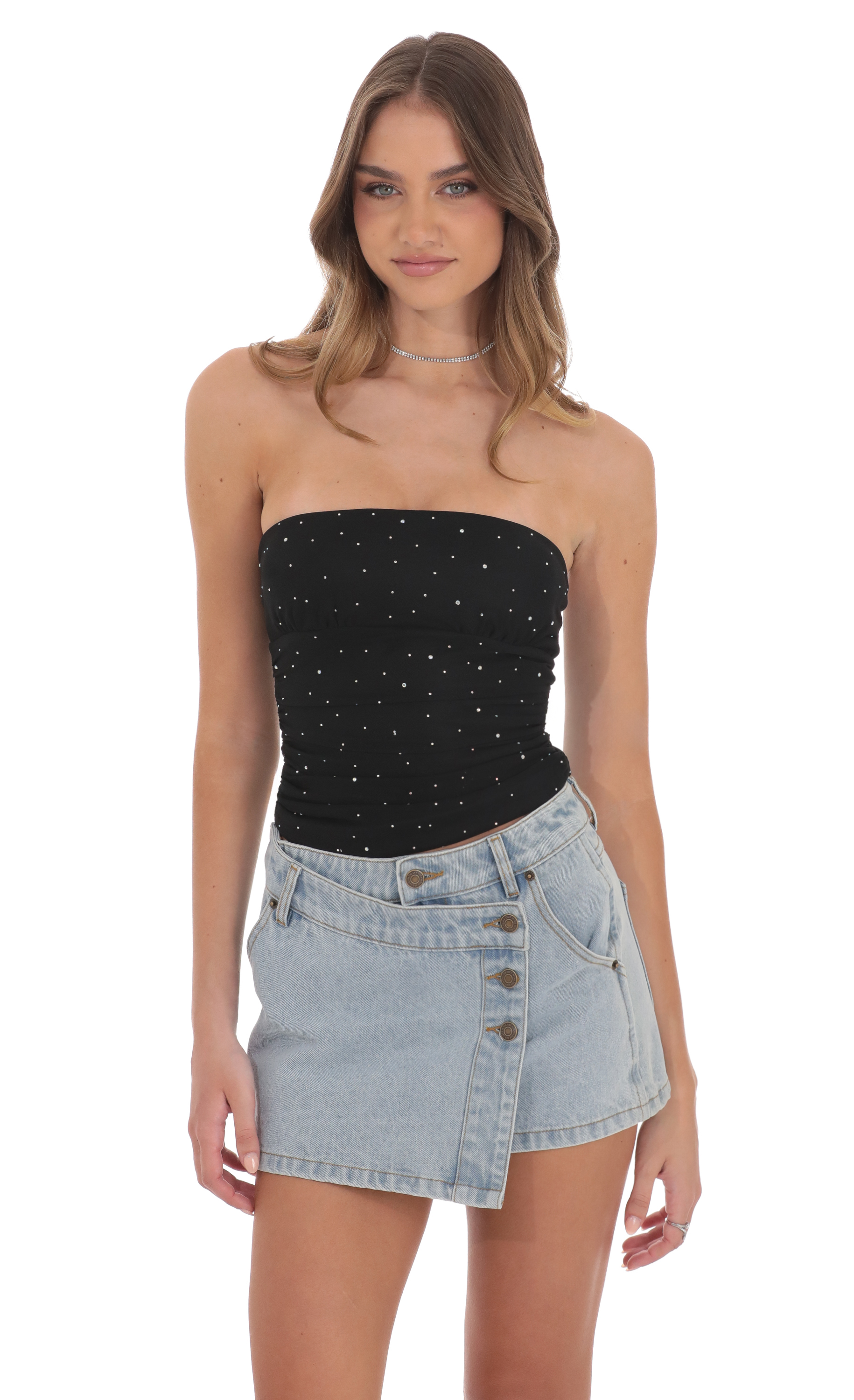 Strapless Rhinestone Mesh Top in Black-My Sky Diva