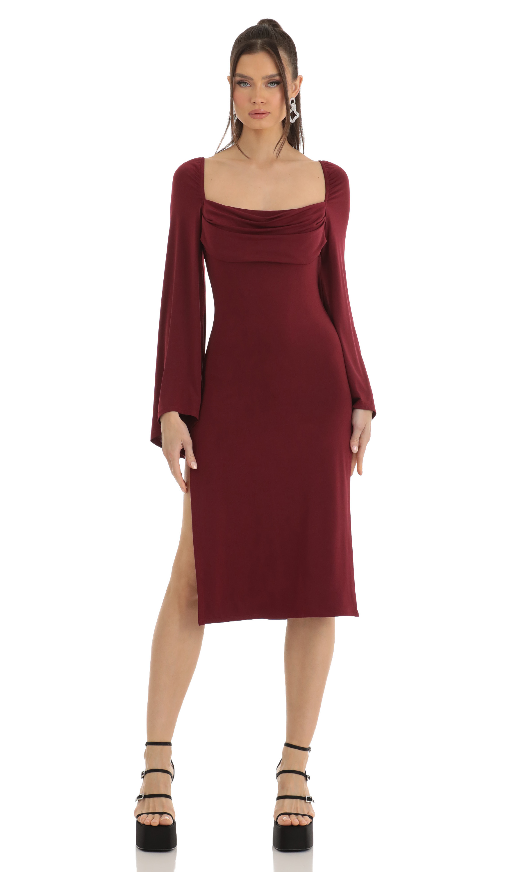 Flare Sleeve Midi Dress in Red-My Sky Diva