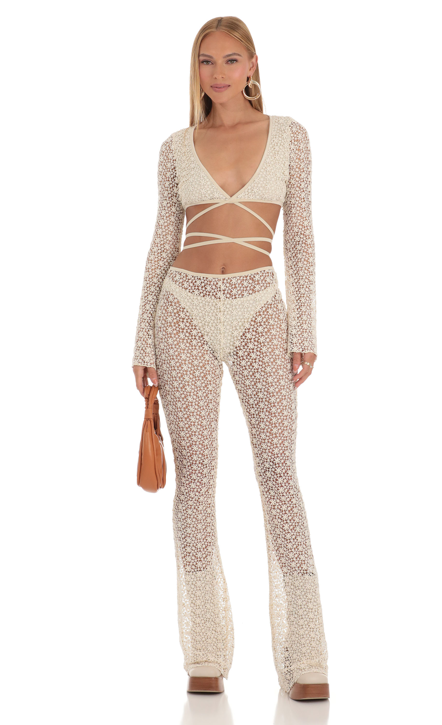Embroidered Three Piece Pants Set in Ivory-My Sky Diva