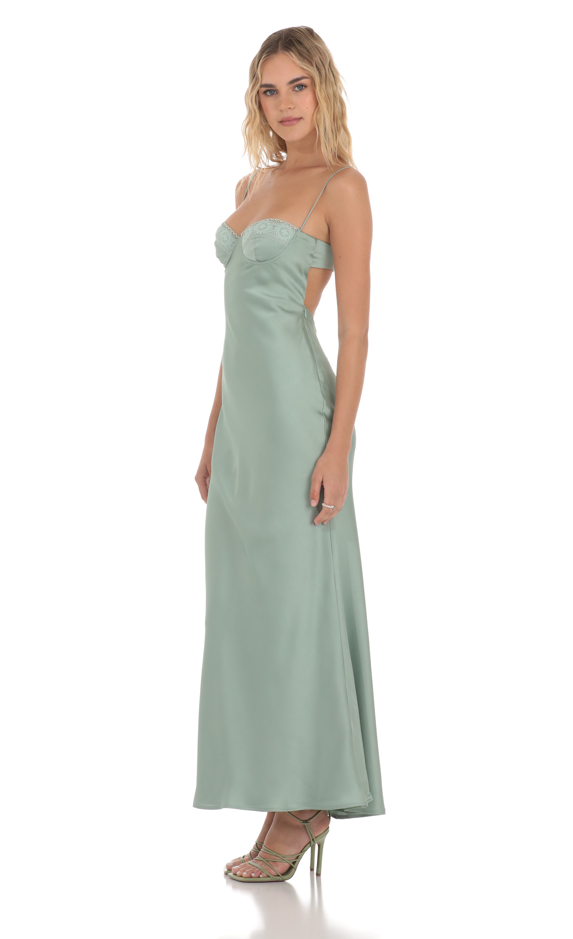 Satin Sweetheart Neck Maxi Dress in Sage Green-My Sky Diva