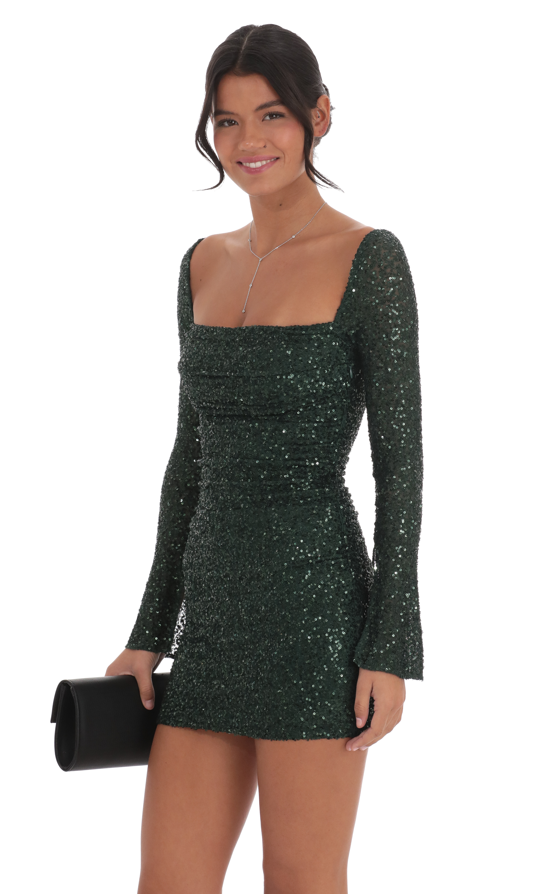 Knit Sequin Long Sleeve Dress in Green-My Sky Diva