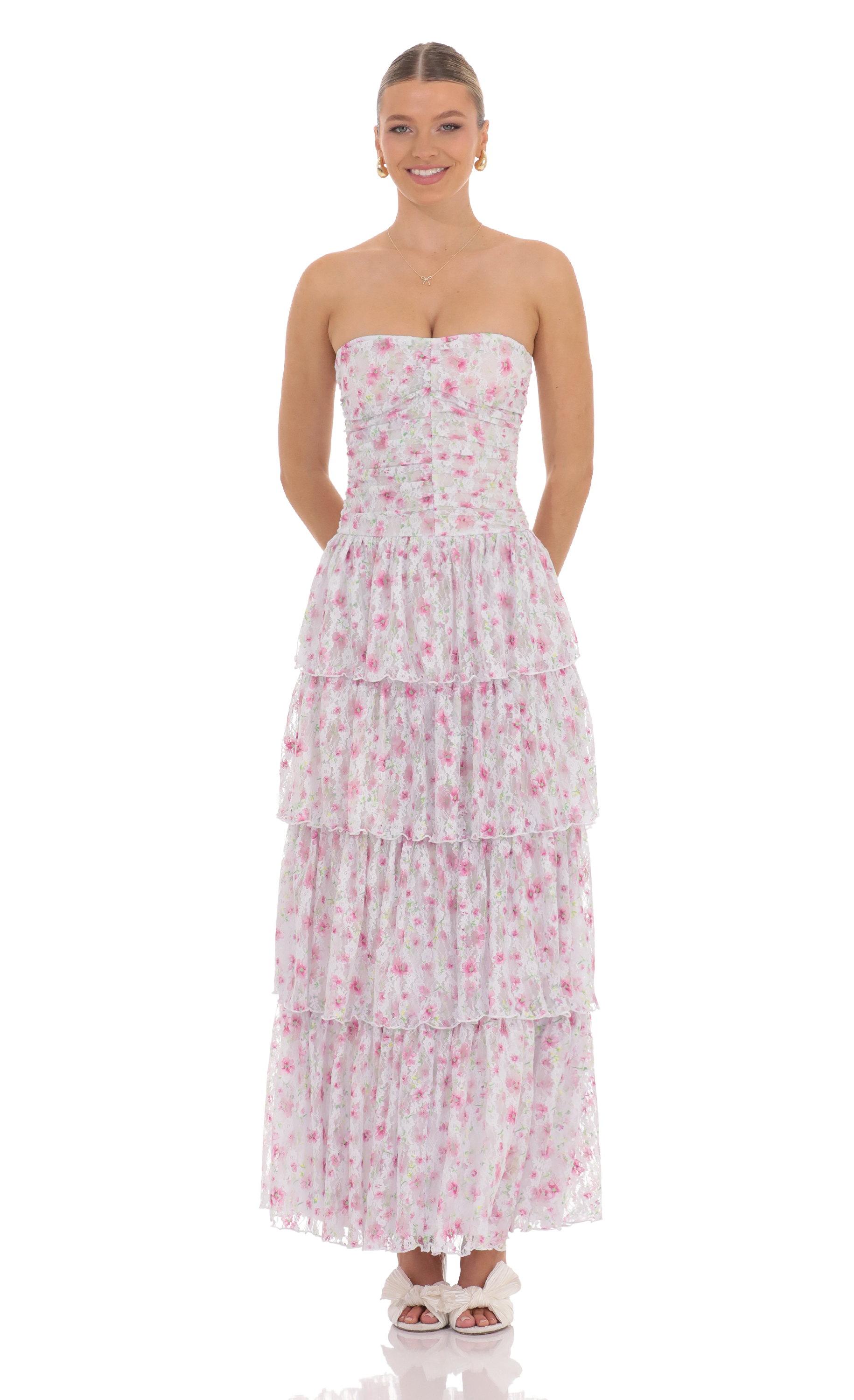 Floral Lace Ruched Ruffle Maxi Dress in White-My Sky Diva