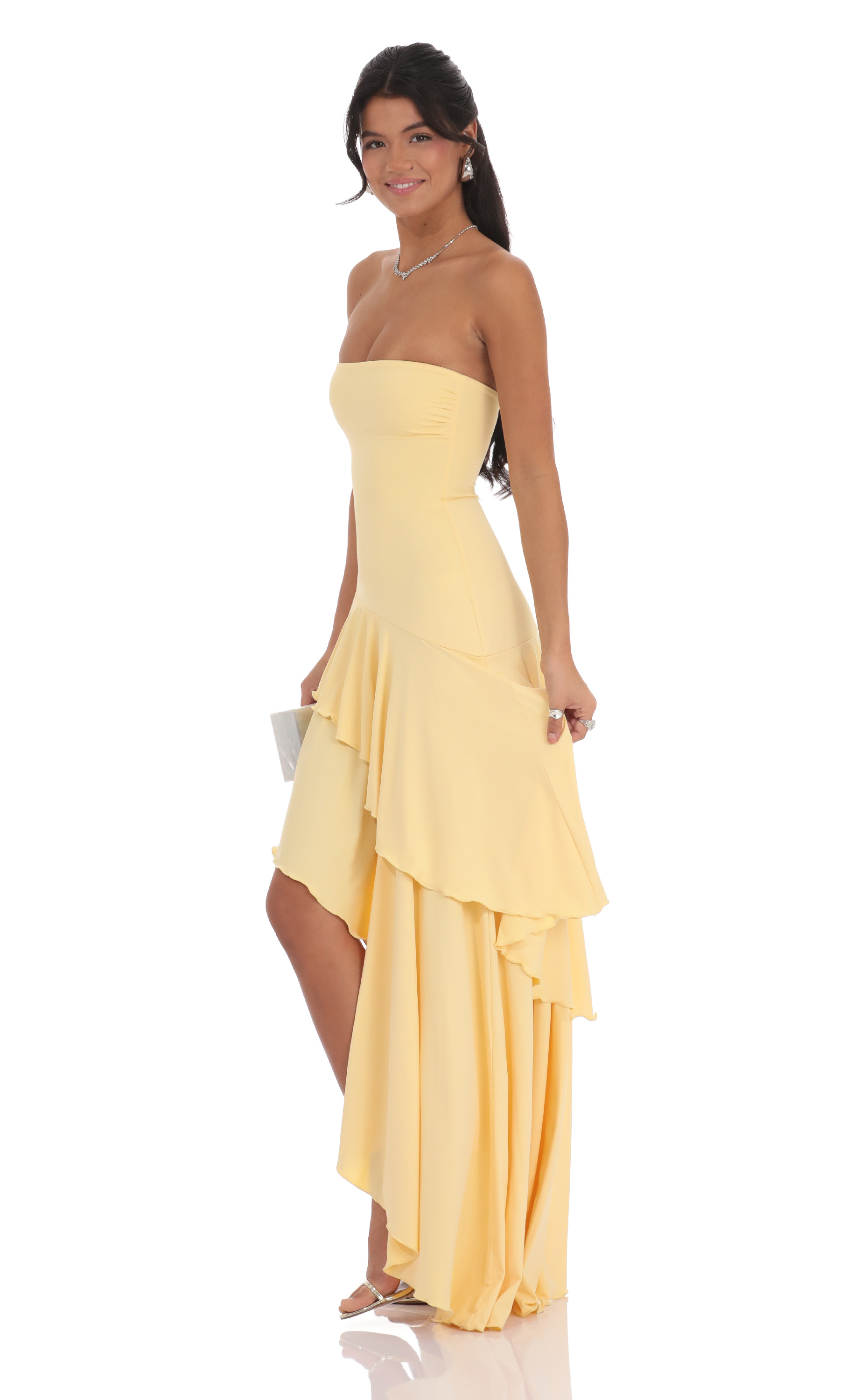 Strapless Ruffle Asymmetrical Maxi Dress in Yellow-My Sky Diva