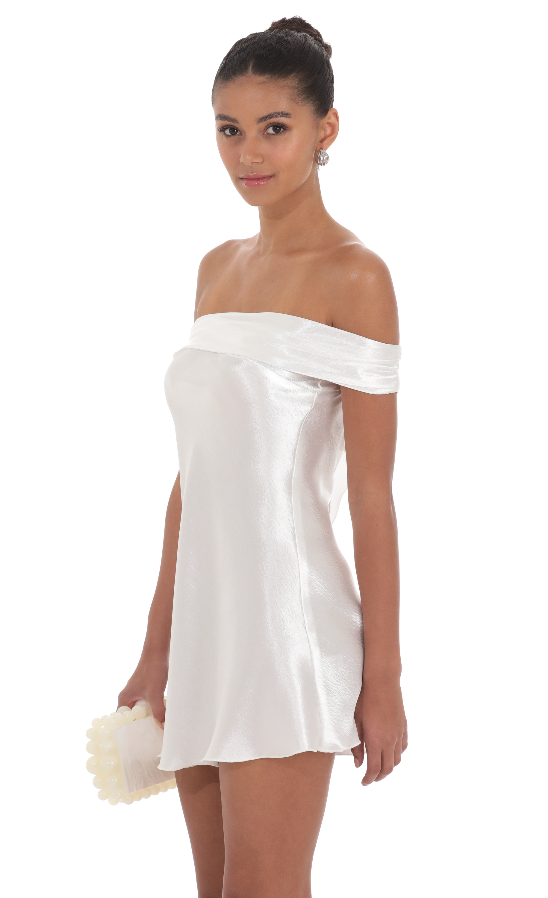 Satin Off Shoulder Dress in White-My Sky Diva