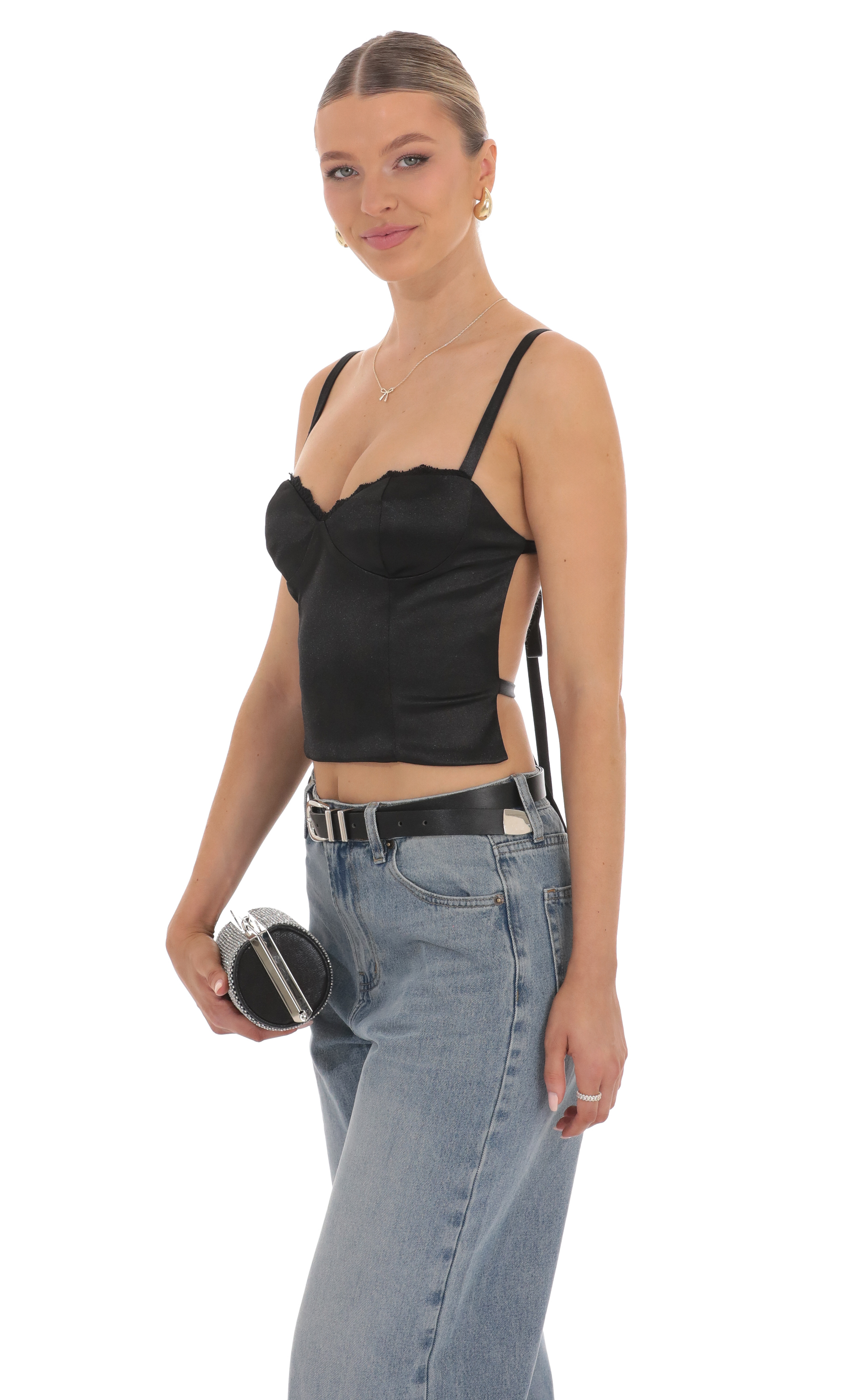 Satin Open Back Tie Top in Black-My Sky Diva