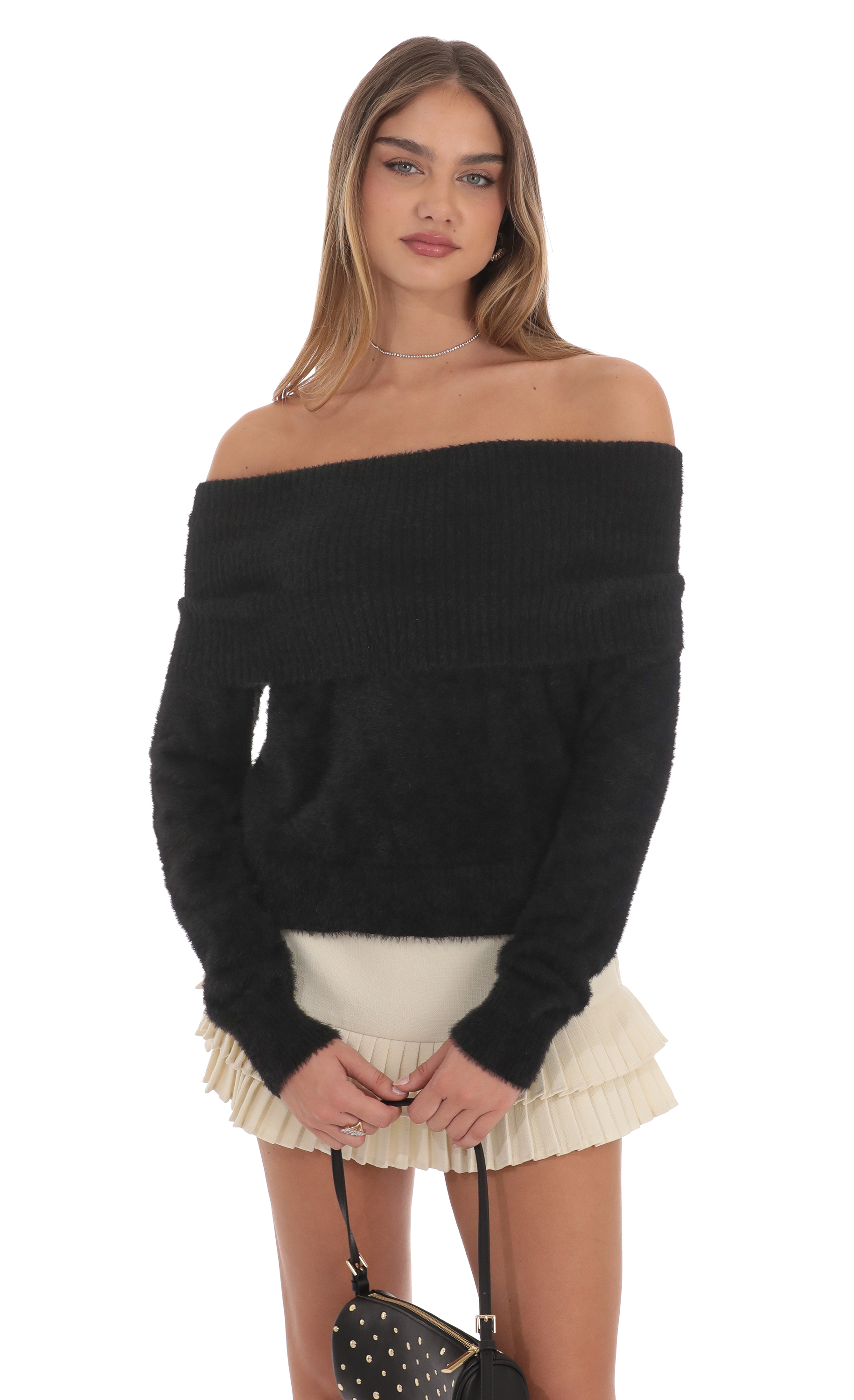 Fuzzy Off Shoulder Jumper in Black-My Sky Diva