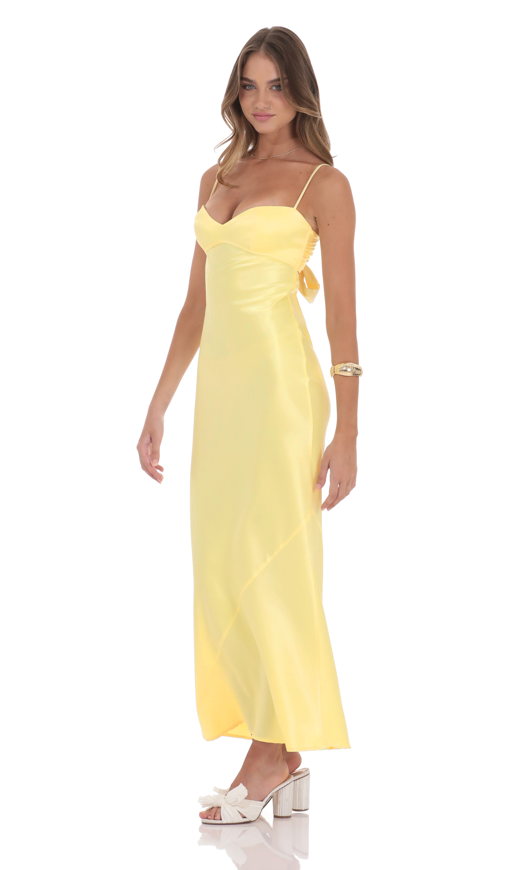 Satin Back Tie Maxi Dress in Yellow-My Sky Diva