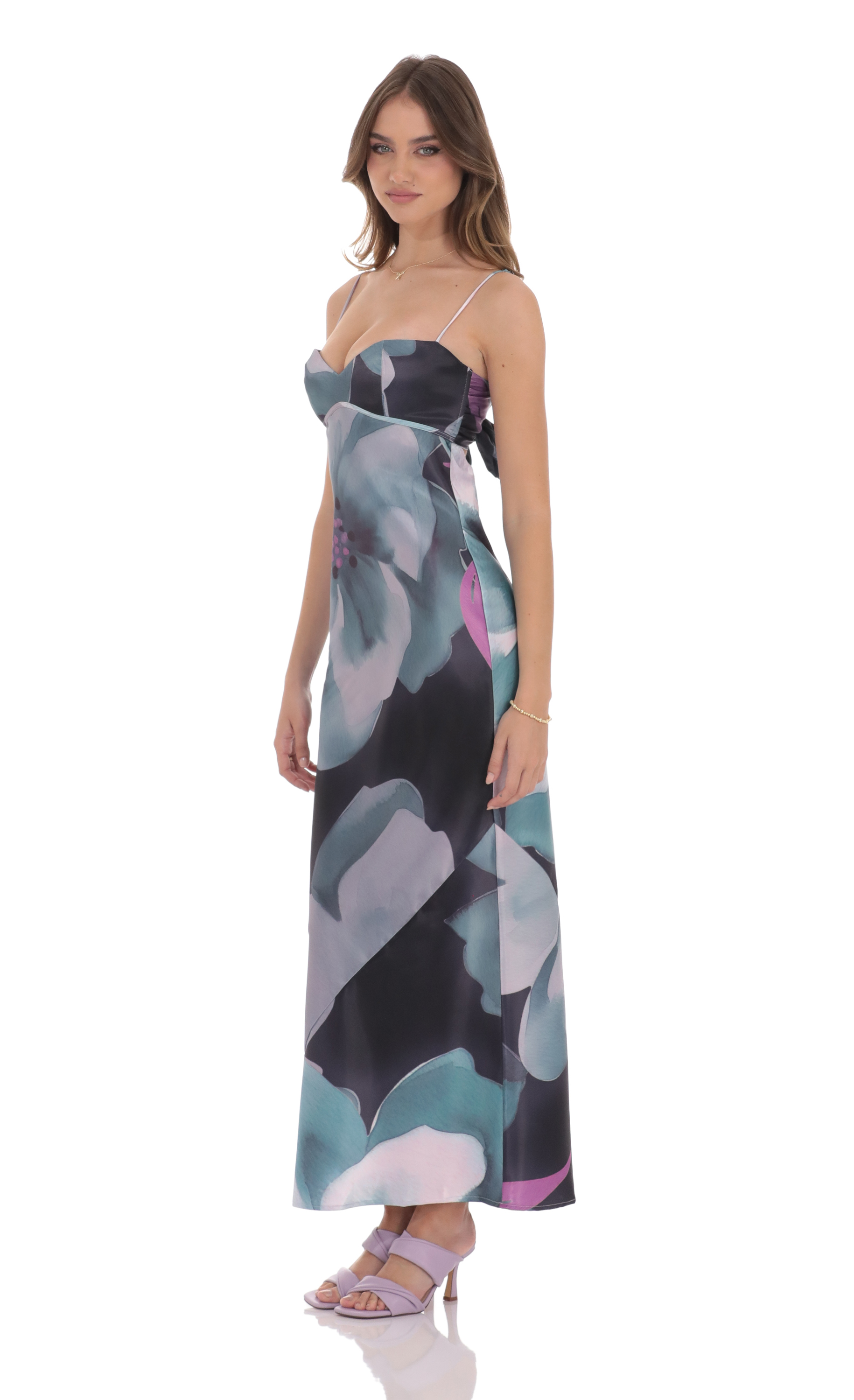 Floral Back Tie Maxi Dress in Dark Teal-My Sky Diva
