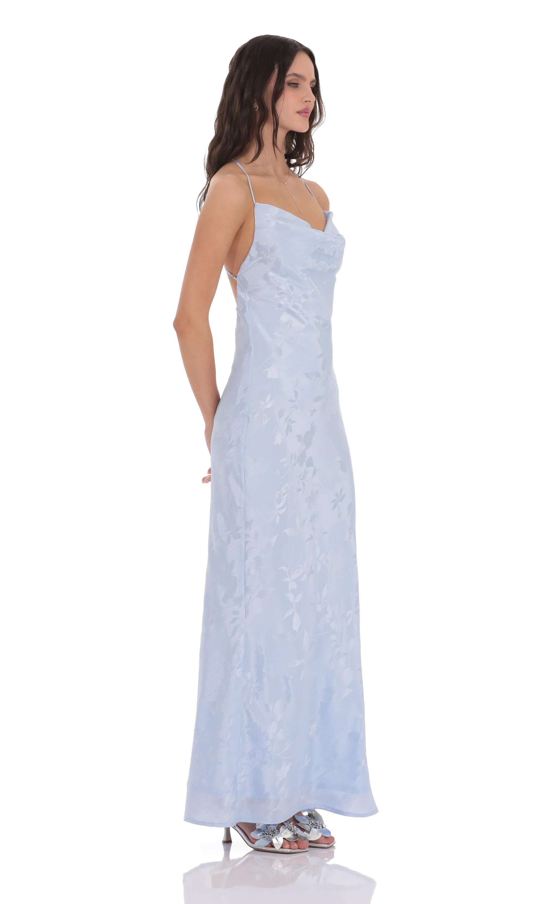 Floral Jacqaurd Cowl Neck Maxi Dress in Light Blue-My Sky Diva