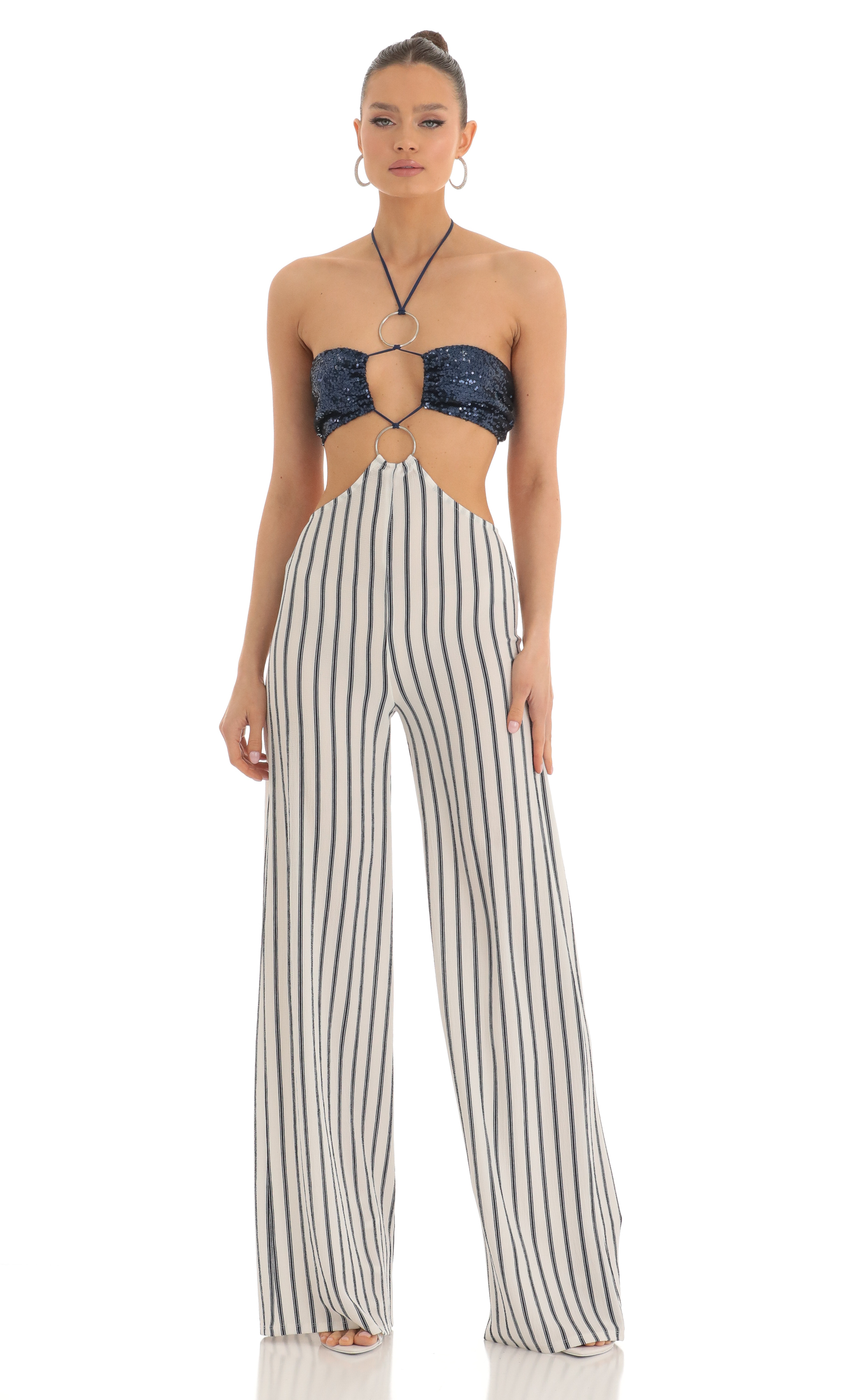 Sequin Halter Striped Jumpsuit in White and Navy-My Sky Diva