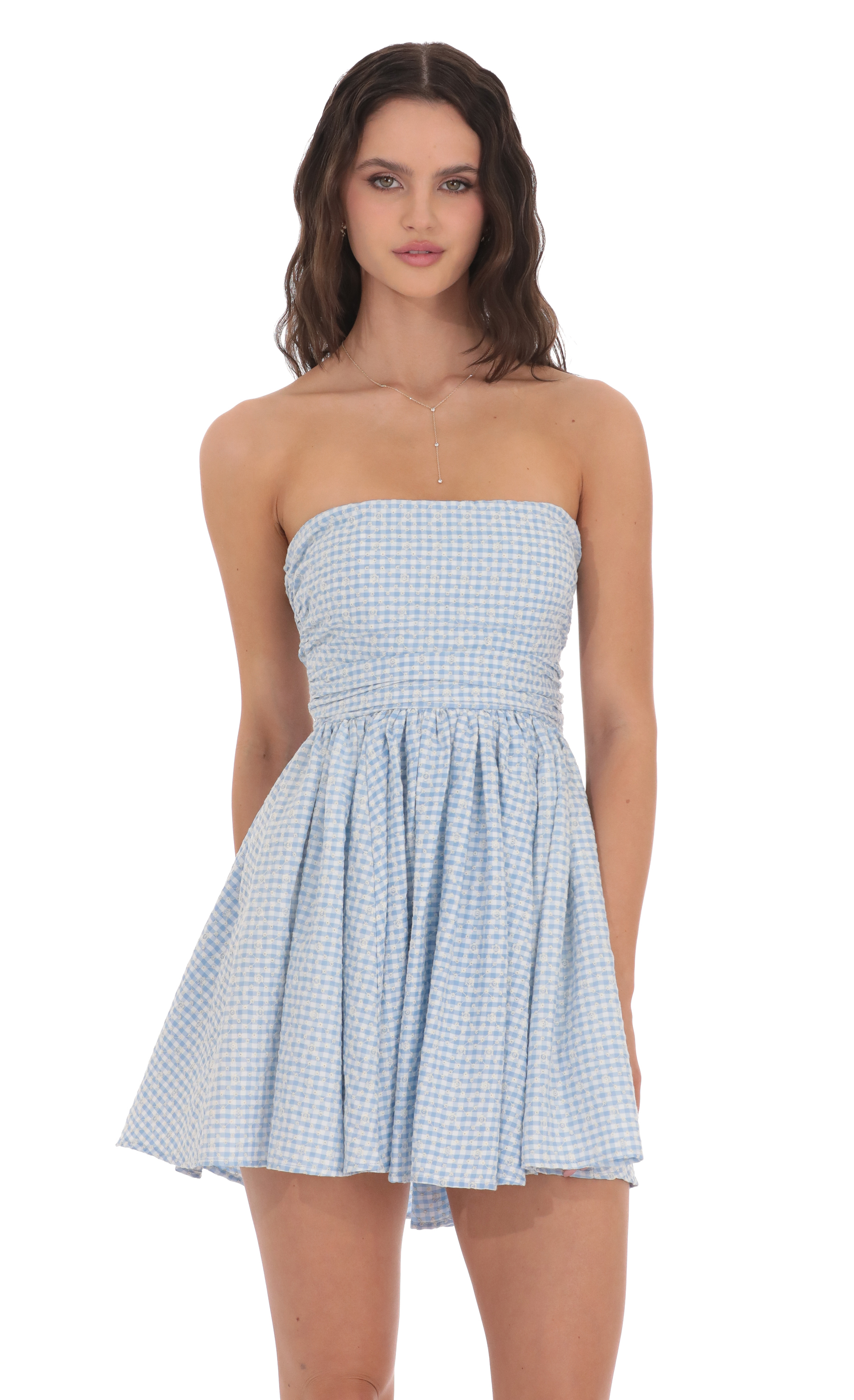 Floral Strapless A-line Dress in Gingham Blue-My Sky Diva