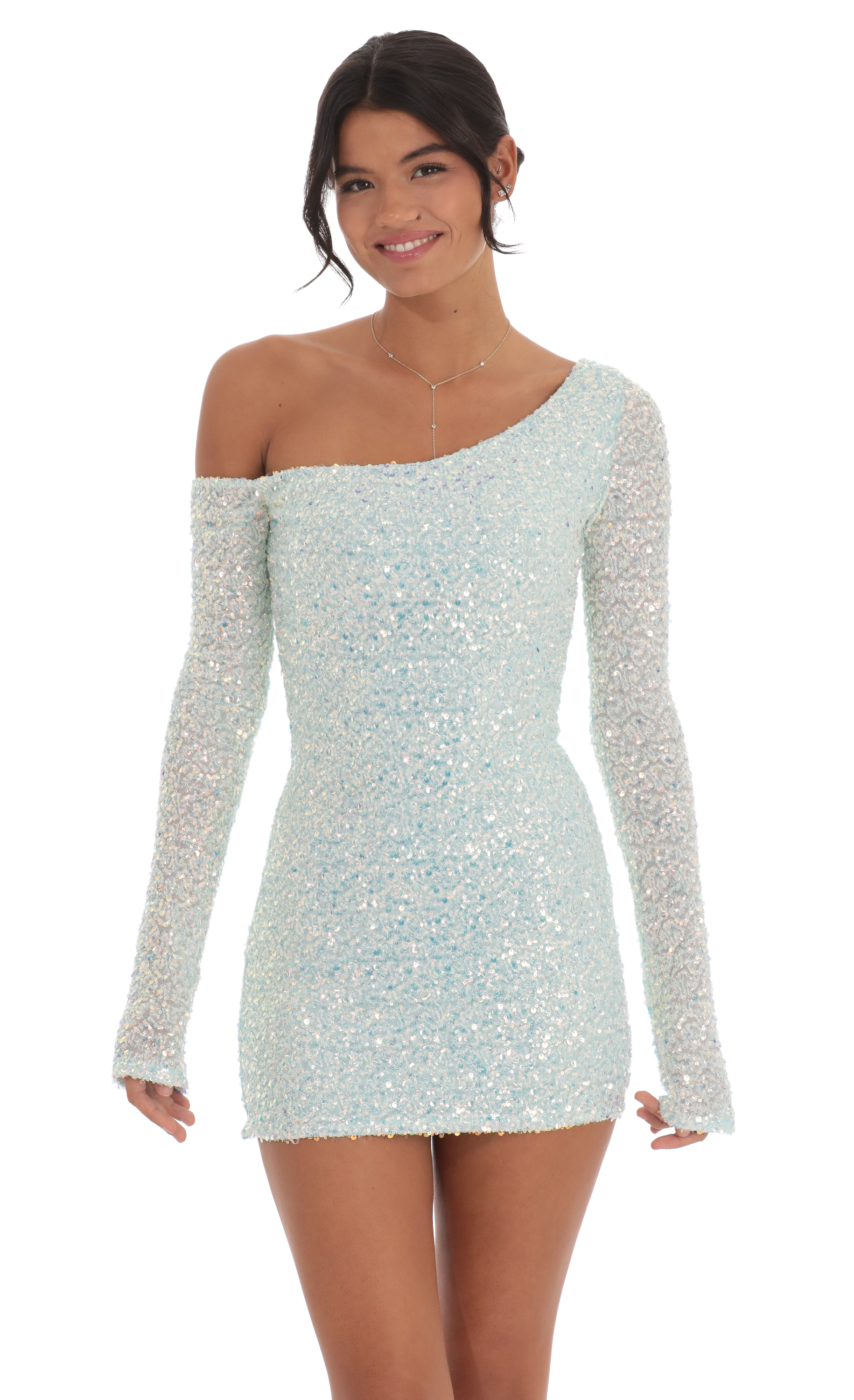 Sequin One Shoulder Bodycon Dress in Mint Blue-My Sky Diva