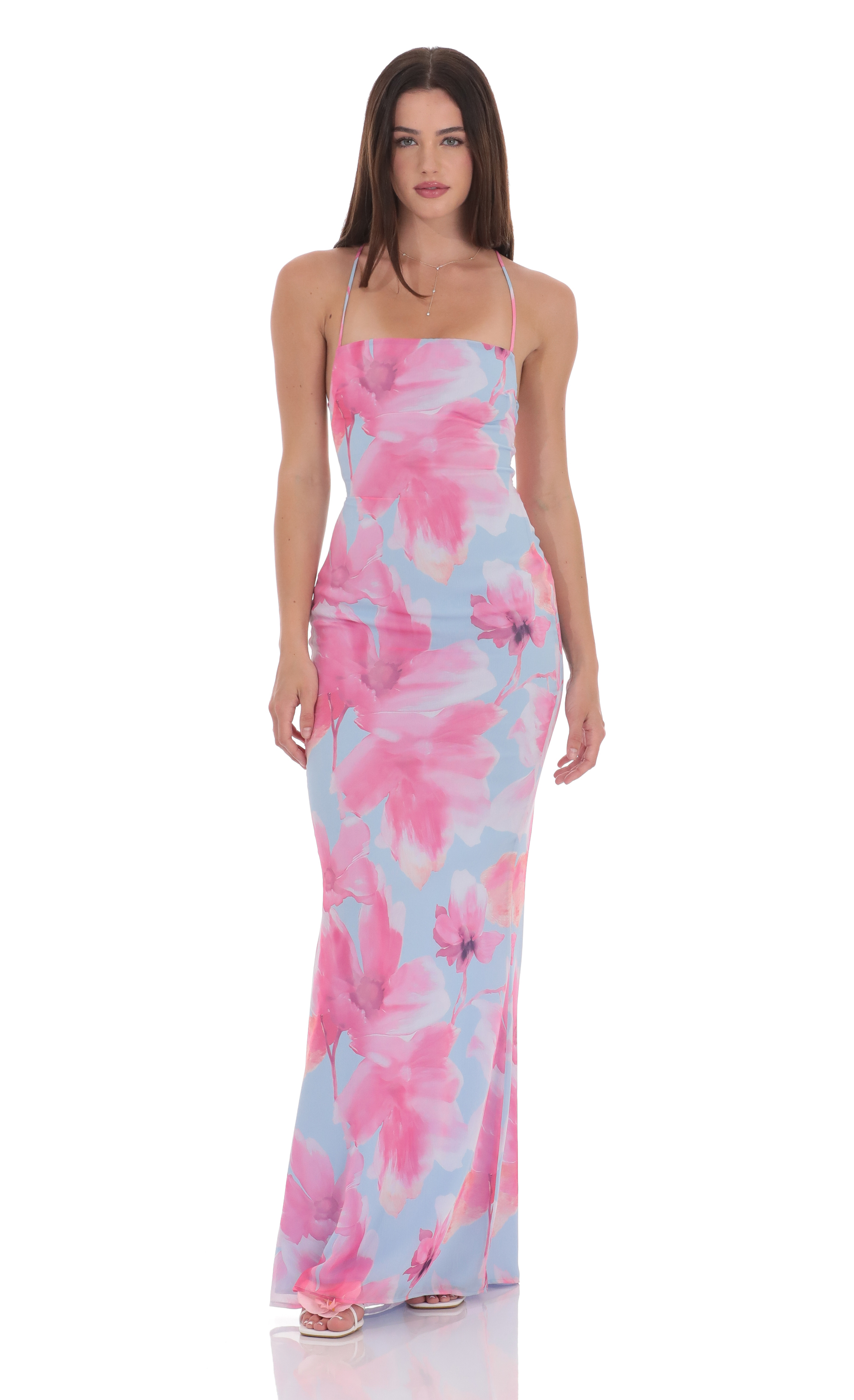 Floral Open Back Maxi Dress in Blue and Pink-My Sky Diva