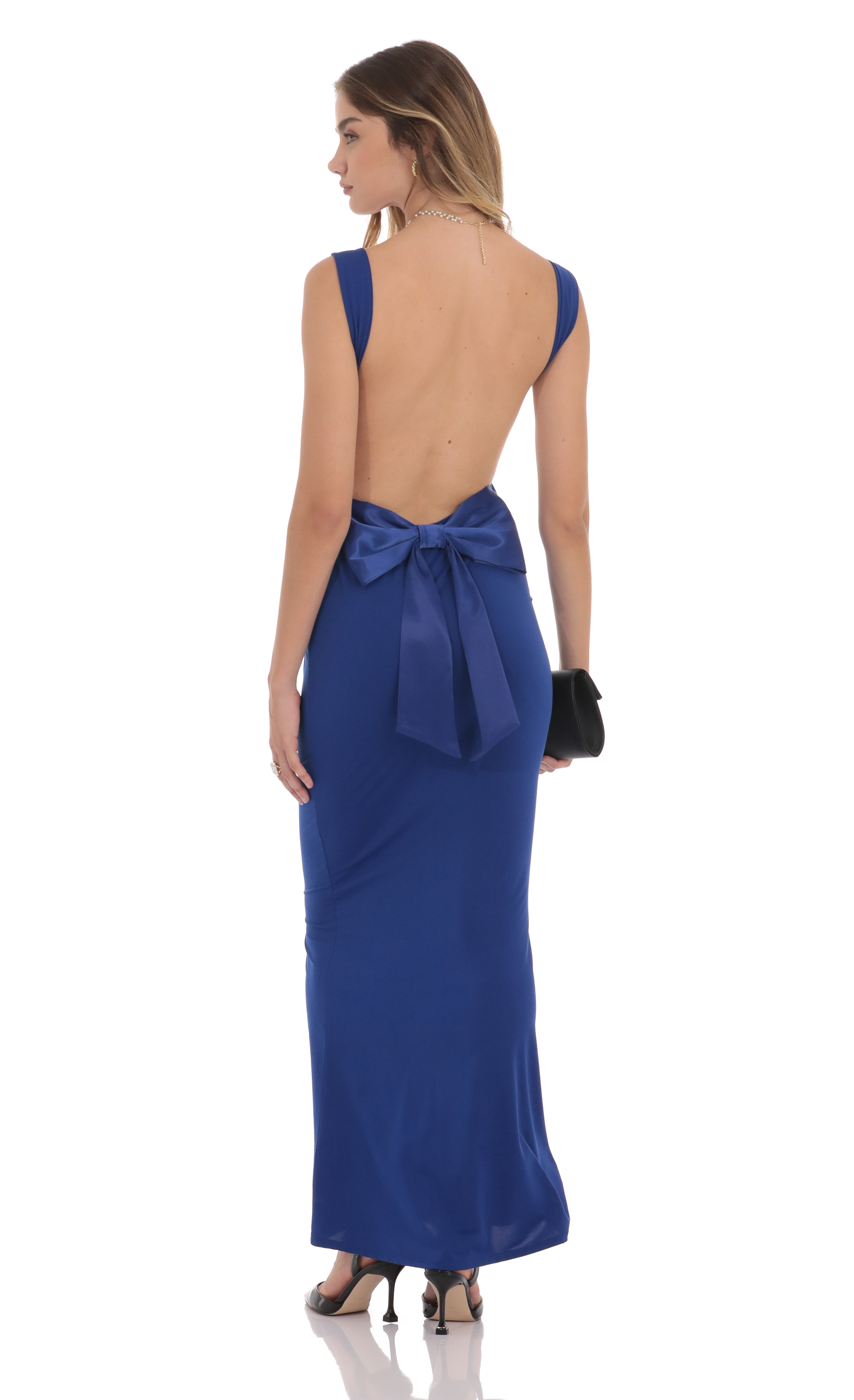 Open Back Bow Maxi Dress in Blue-My Sky Diva