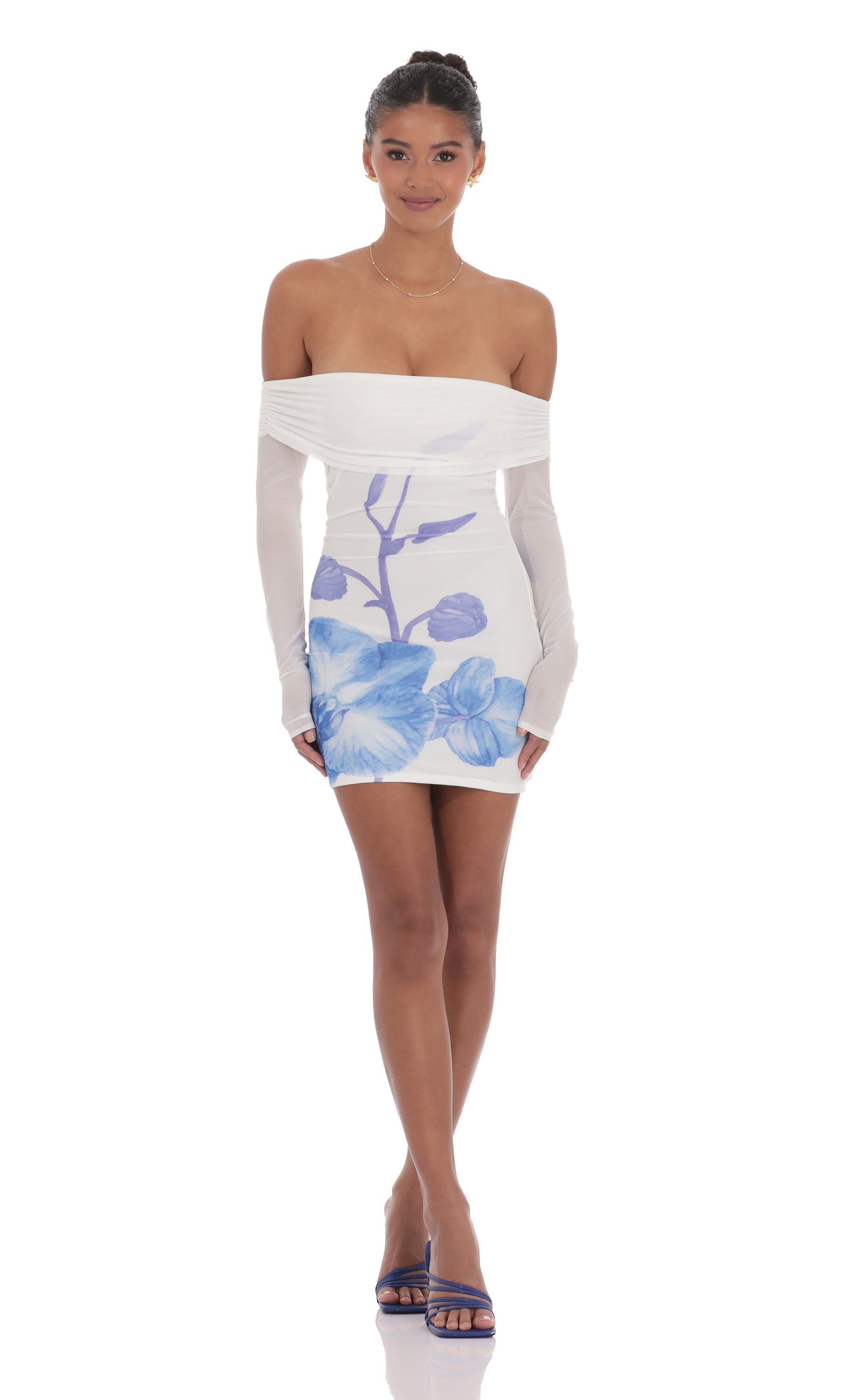 Floral Mesh Off Shoulder Dress in White-My Sky Diva