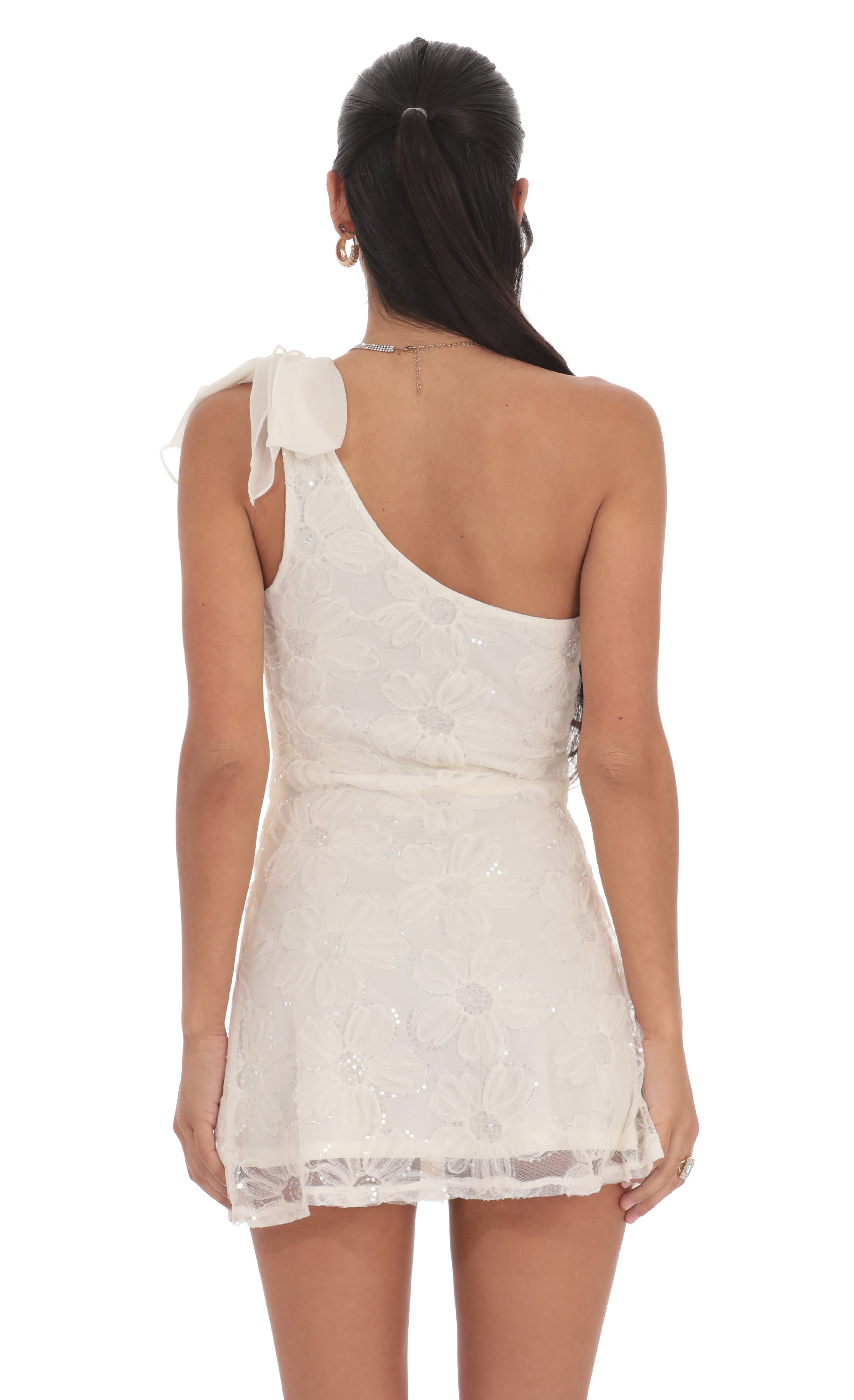 One Shoulder Sequin Floral Dress in Ivory-My Sky Diva