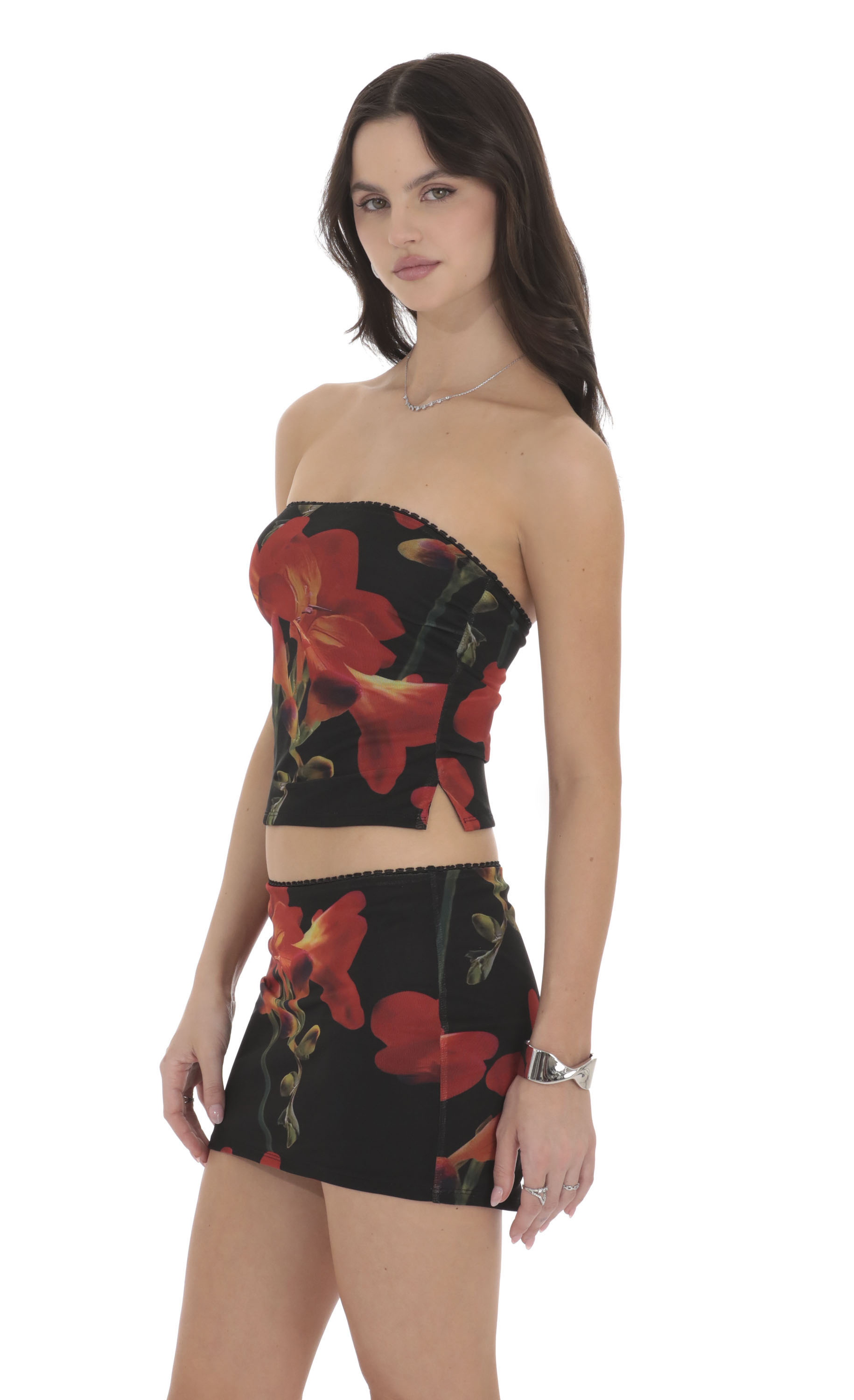 Mesh Floral Tube Top in Black-My Sky Diva