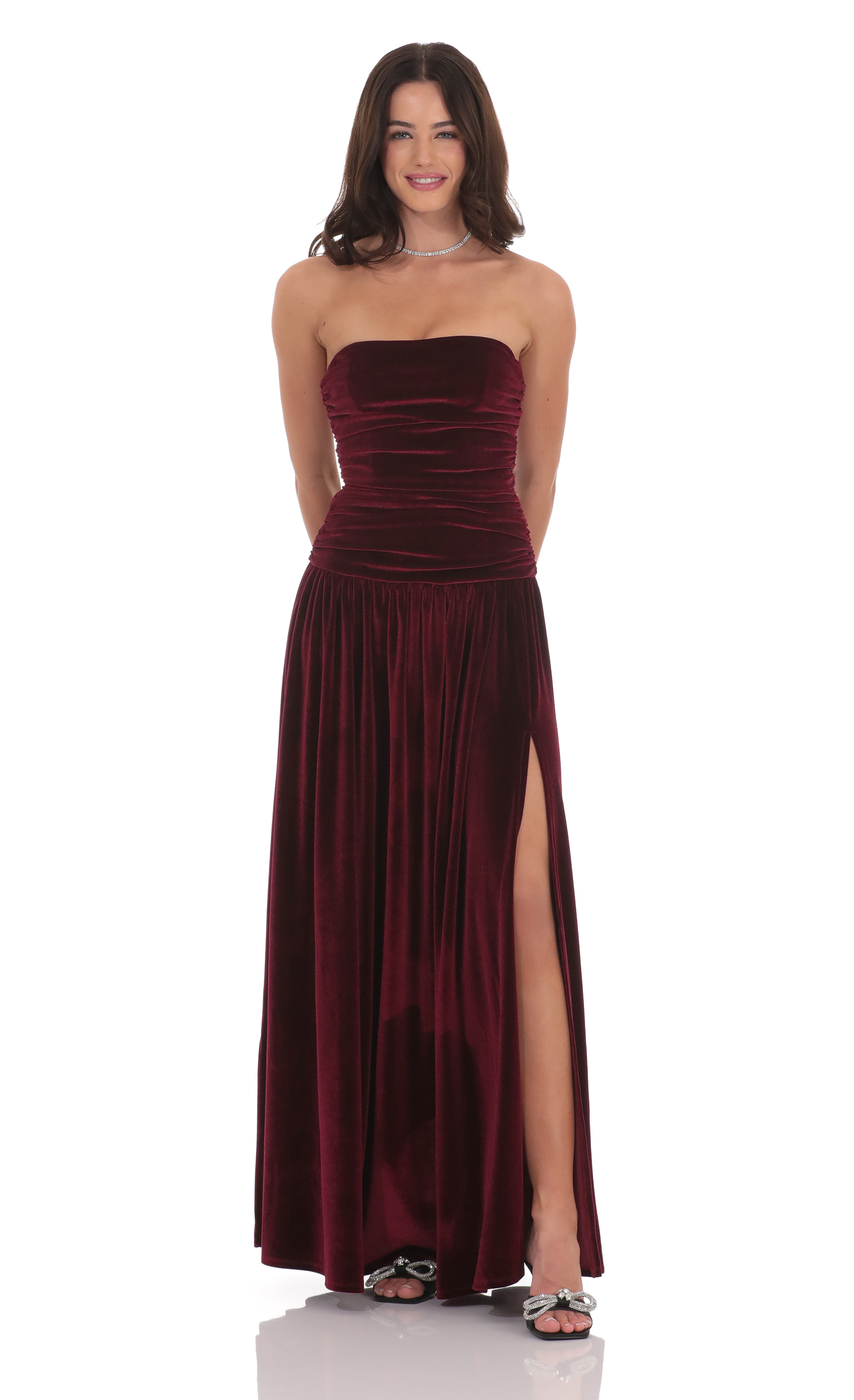 Velvet Ruched Drop Waist Maxi Dress in Wine-My Sky Diva