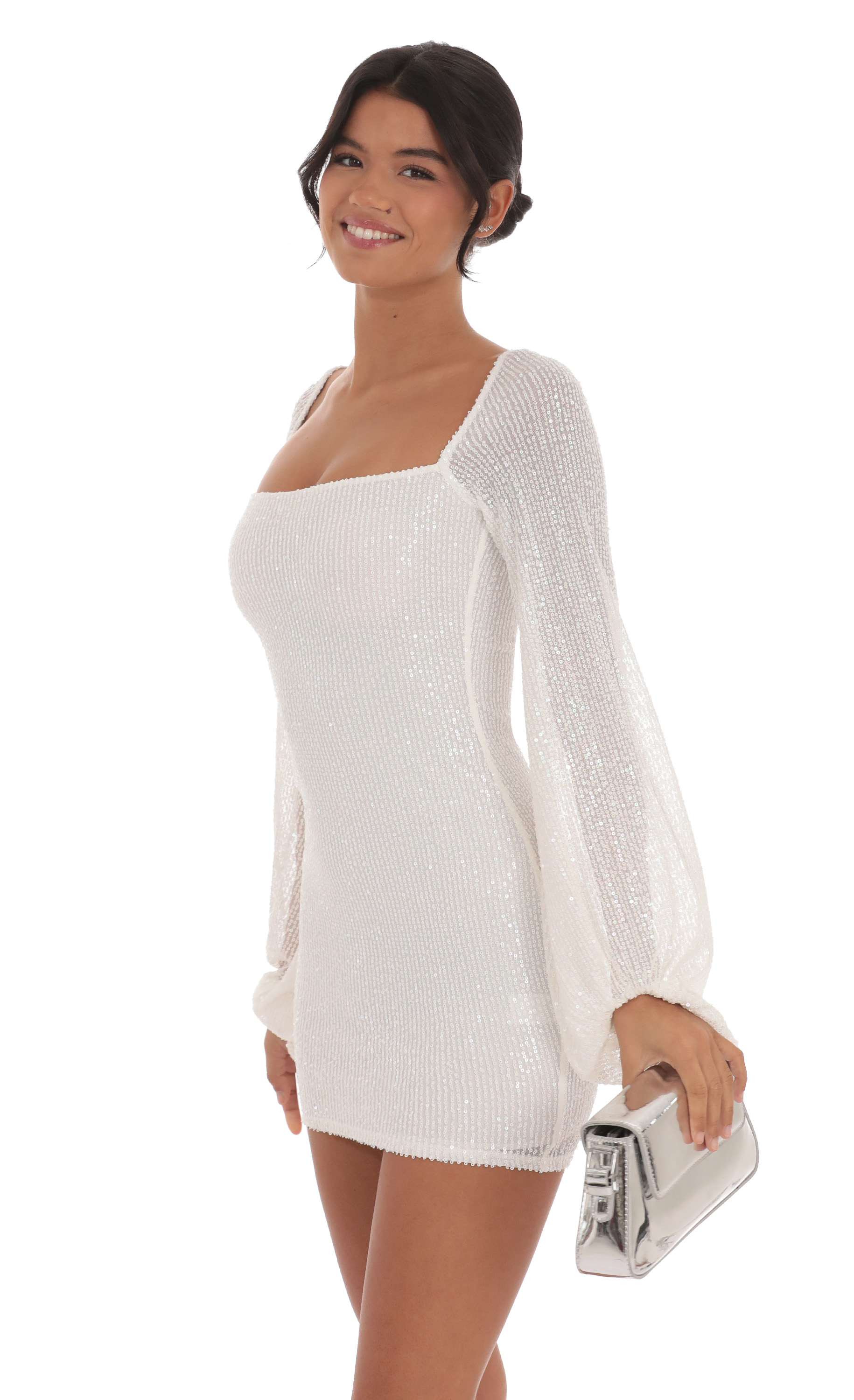 Sequin Balloon Sleeve Dress in White-My Sky Diva