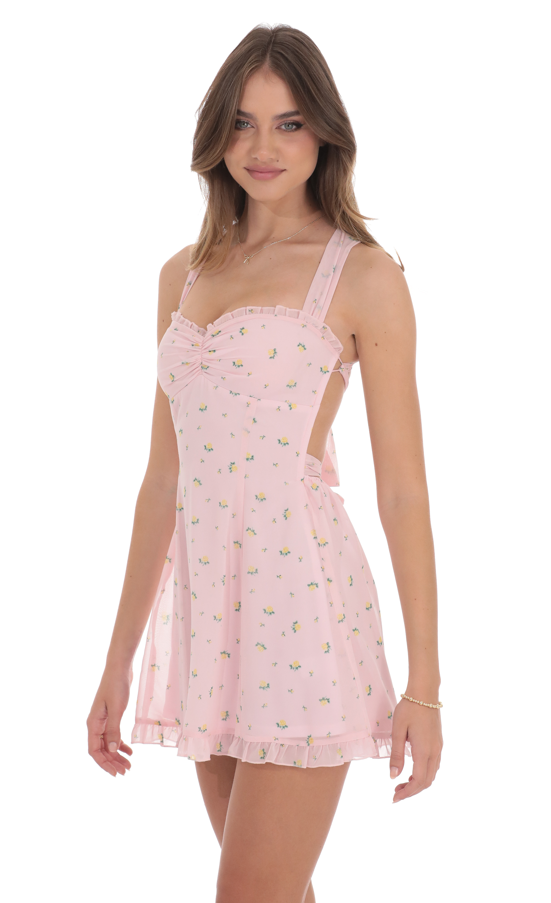 Floral Strappy Back Bows Dress in Pink-My Sky Diva