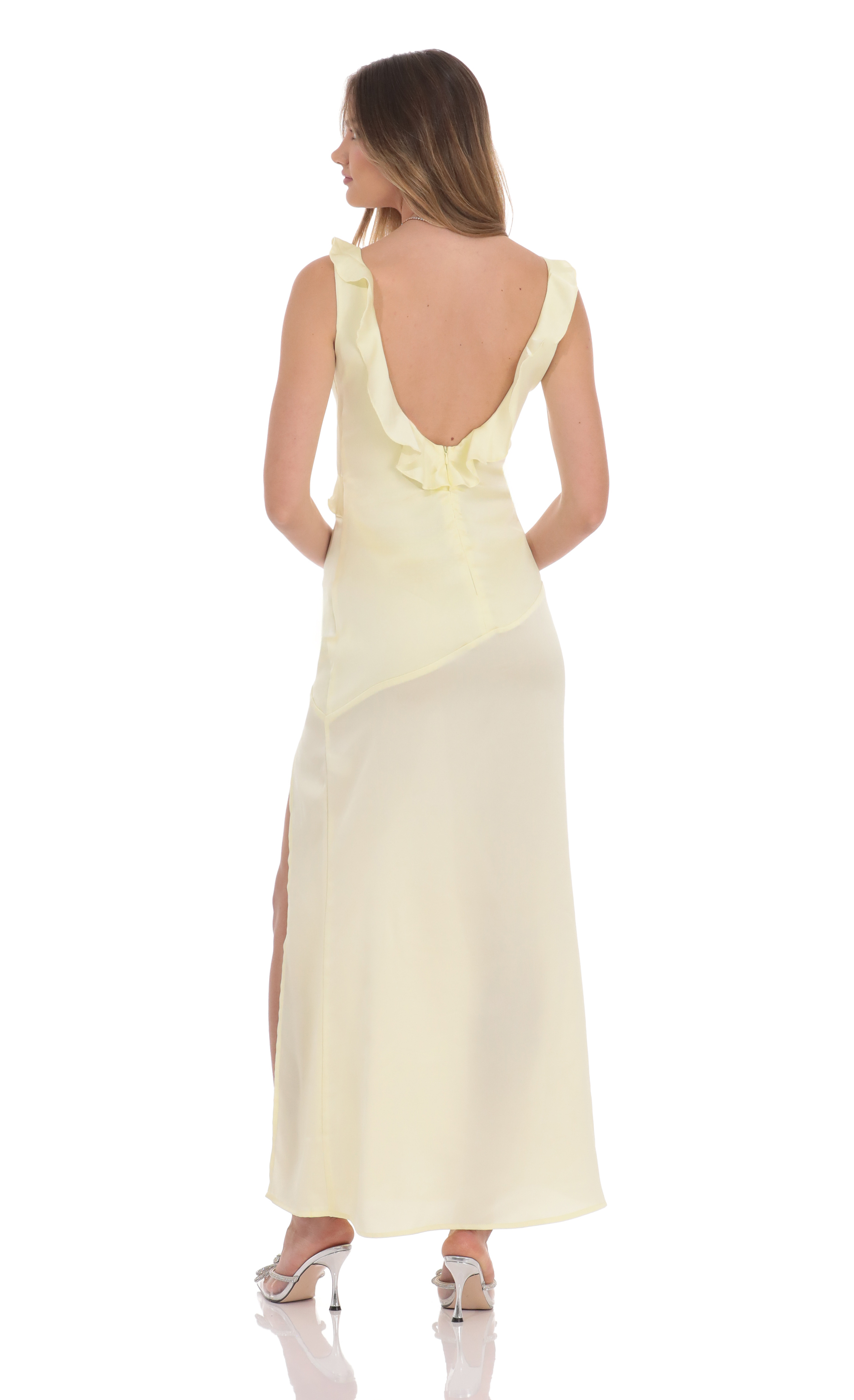 Satin V-Neck Open Back Maxi Dress in Pastel Yellow-My Sky Diva