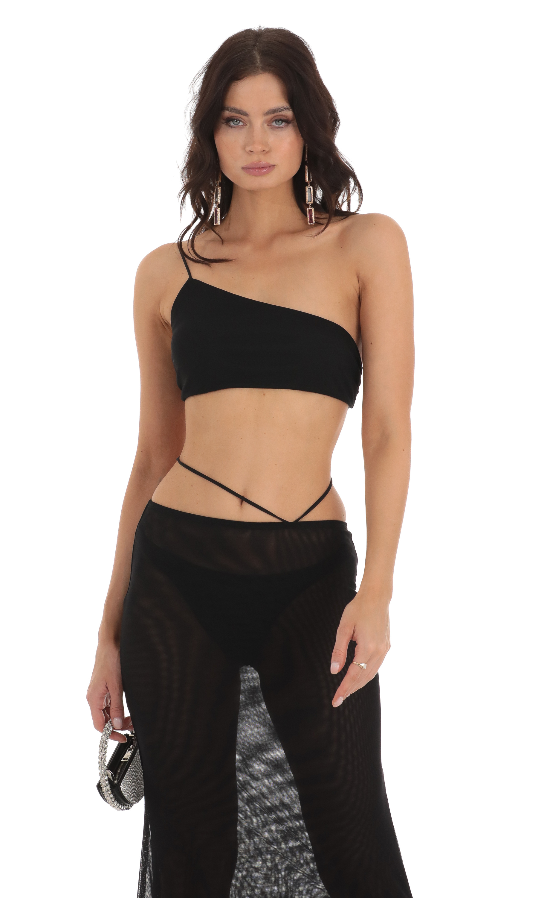 Mesh One Shoulder Two Piece Set in Black-My Sky Diva