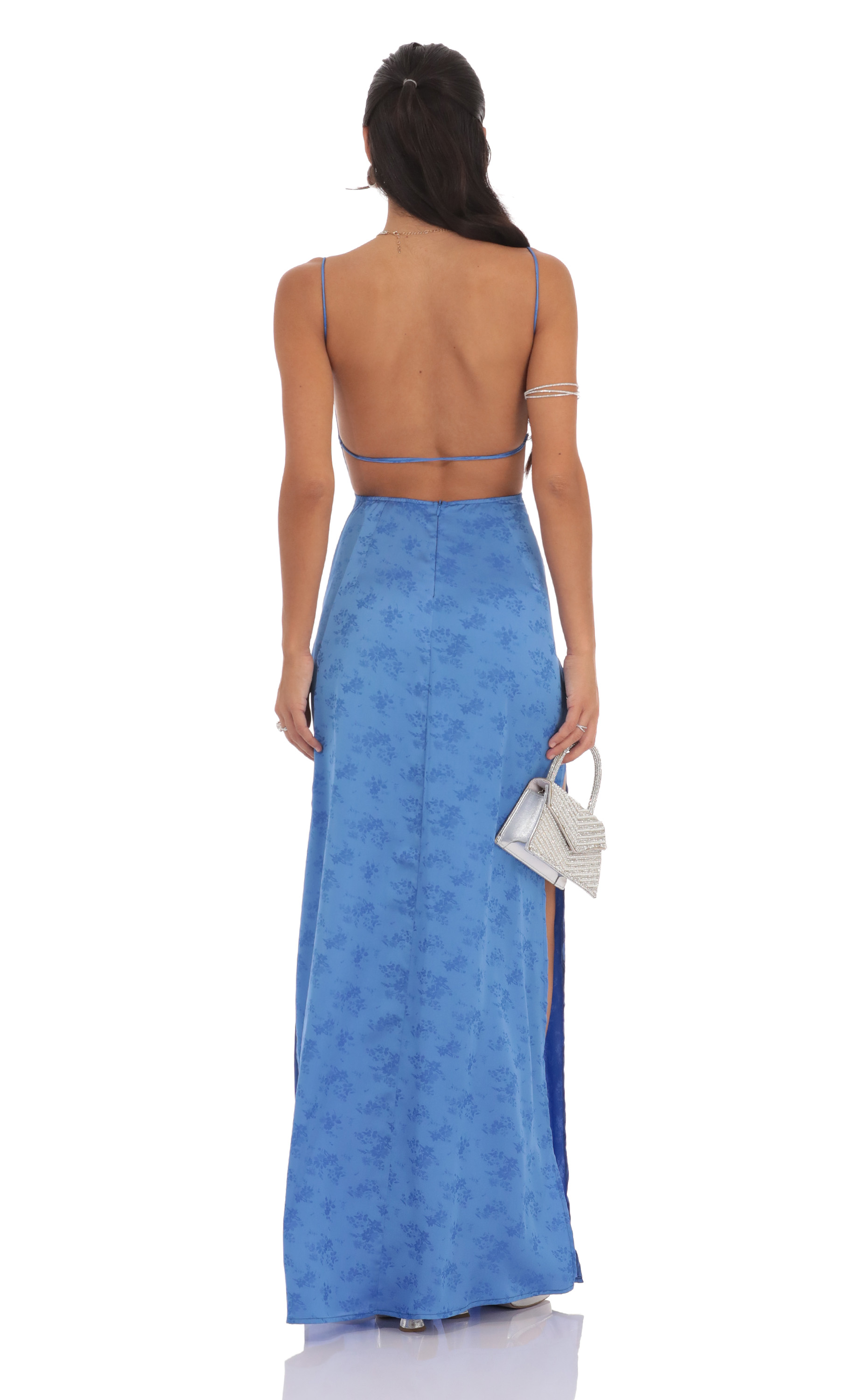 Satin Floral Maxi Dress in Blue-My Sky Diva