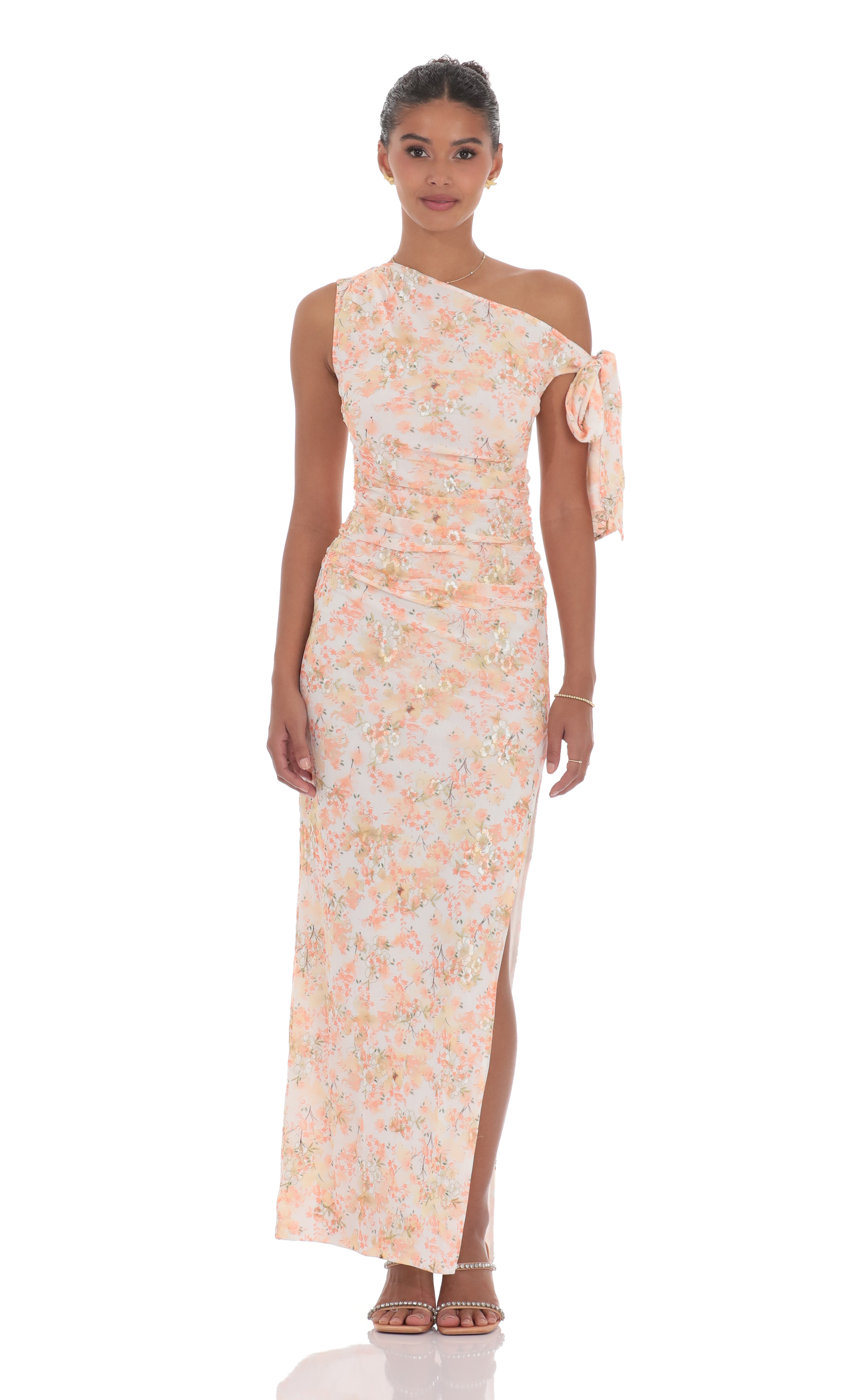 Floral Shimmer Off Shoulder Maxi Dress in Peach-My Sky Diva