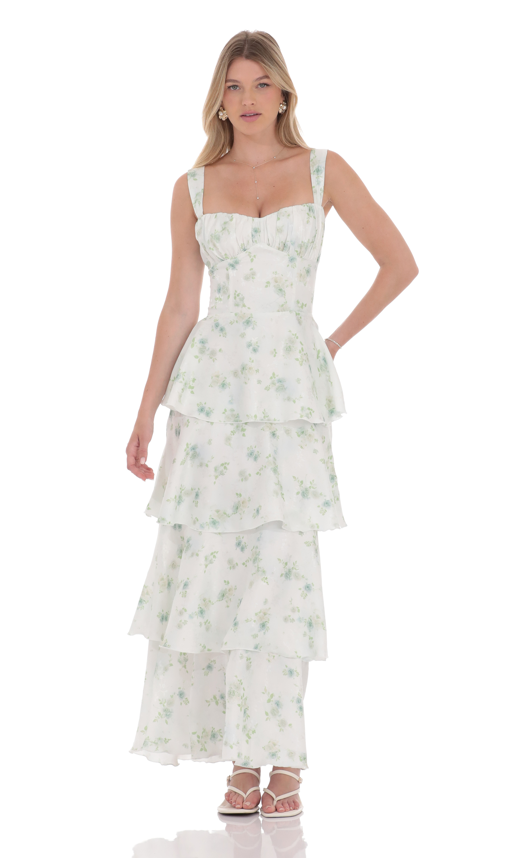 Floral Ruffle Maxi Dress in Pastel Green-My Sky Diva