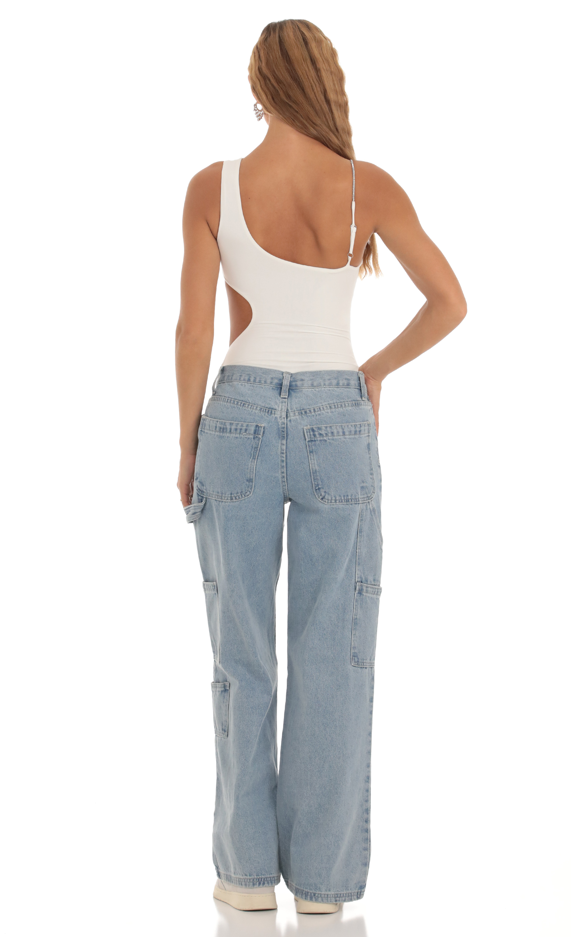 Rhinestone Cutout Bodysuit in White-My Sky Diva