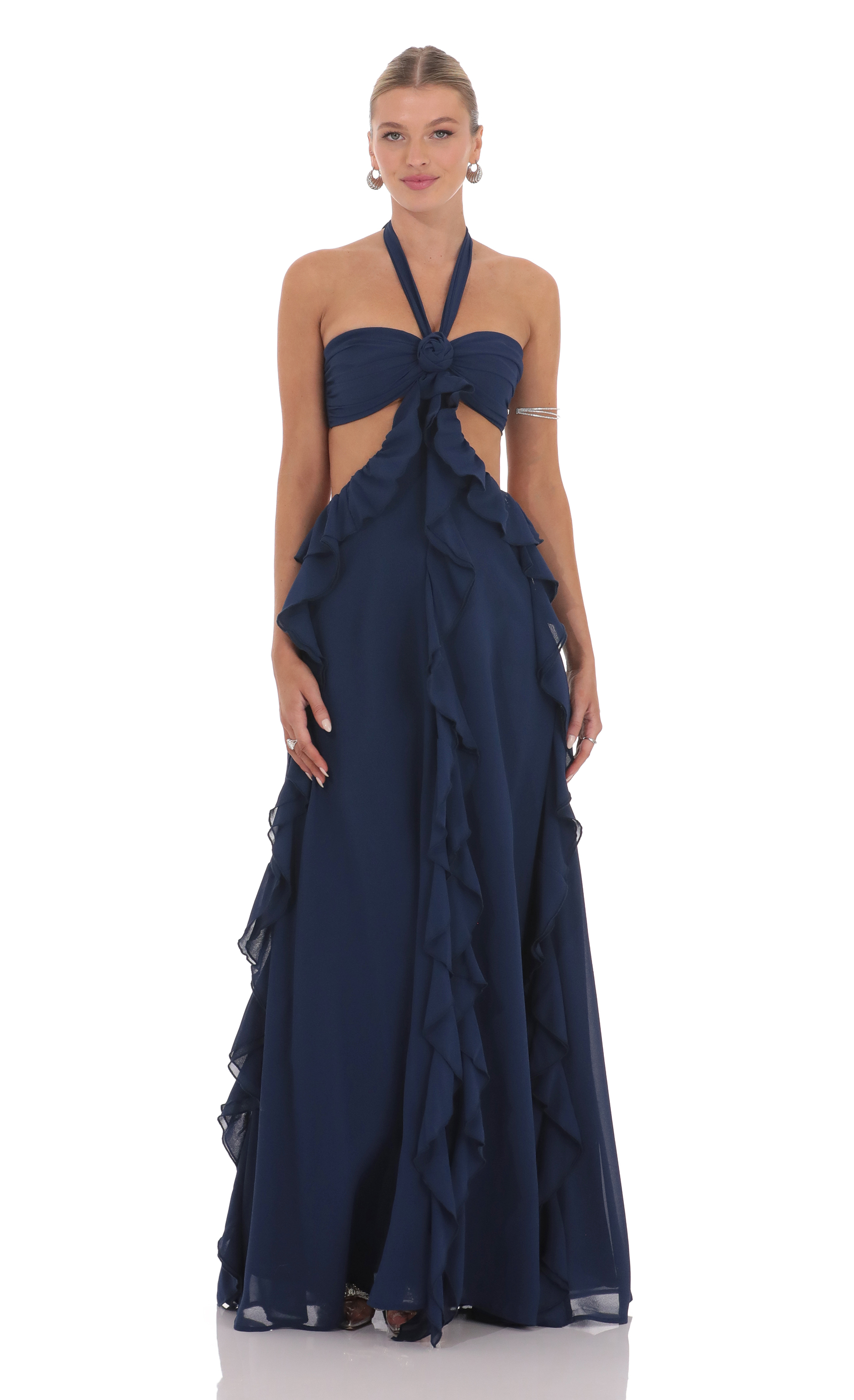 Chiffon Cutout Ruffle Maxi Dress in Navy-My Sky Diva