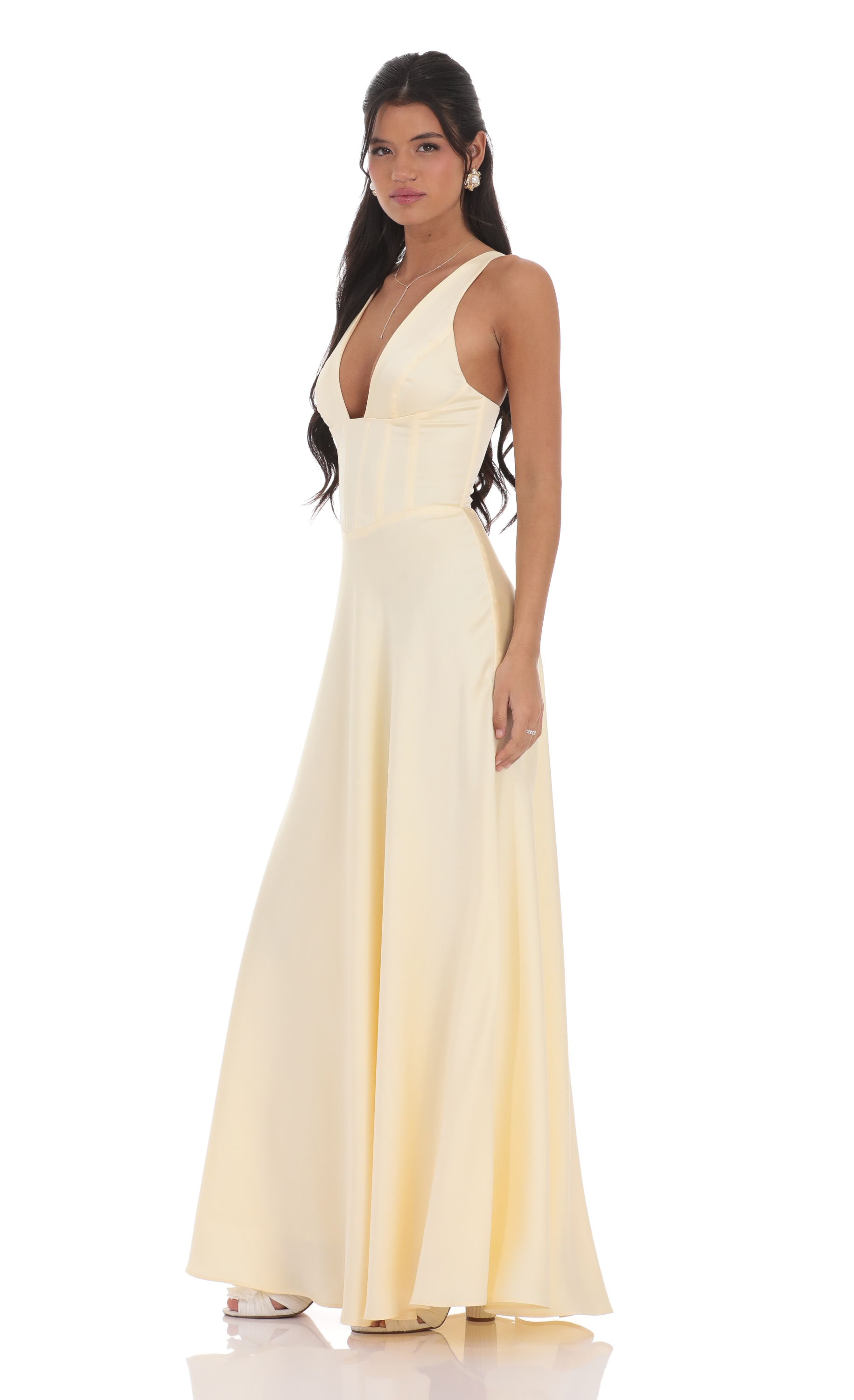 Satin Plunge Neck Corset Maxi Dress in Yellow-My Sky Diva
