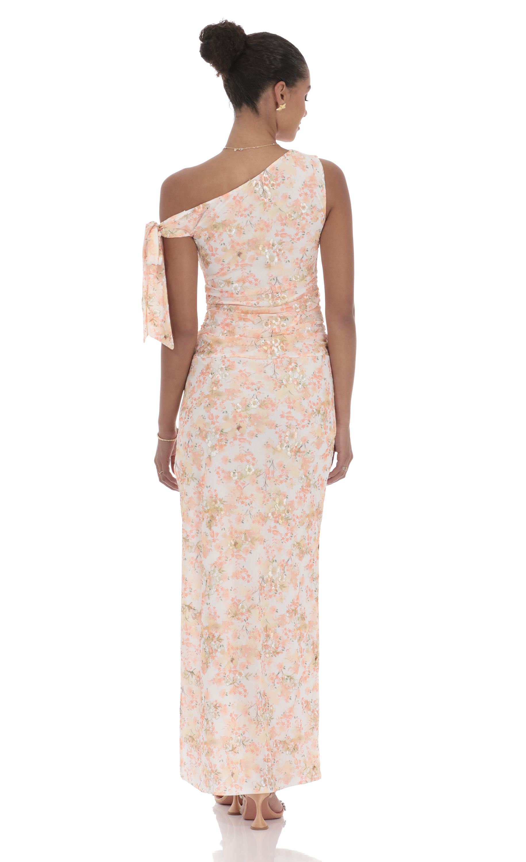 Floral Shimmer Off Shoulder Maxi Dress in Peach-My Sky Diva