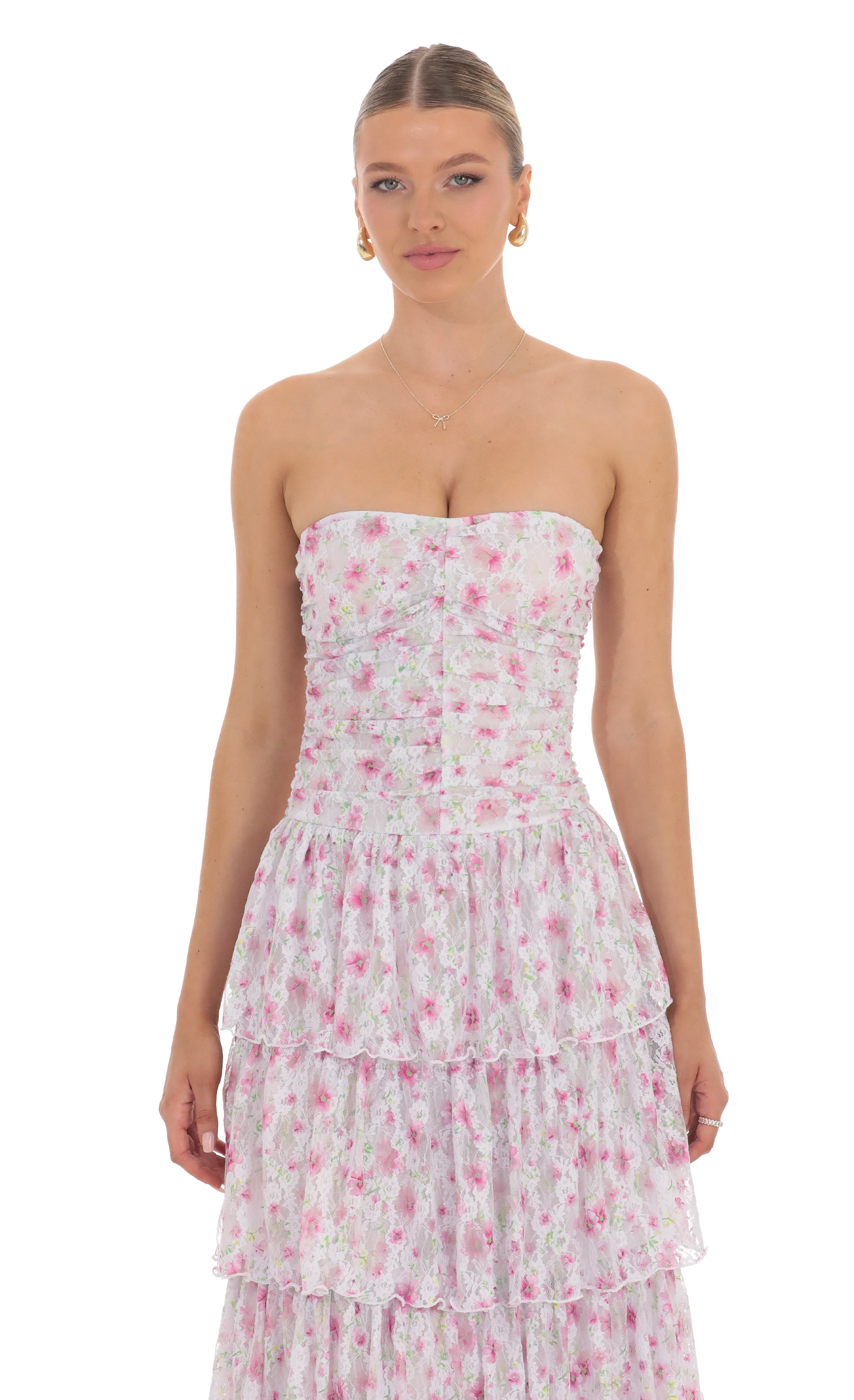 Floral Lace Ruched Ruffle Maxi Dress in White-My Sky Diva