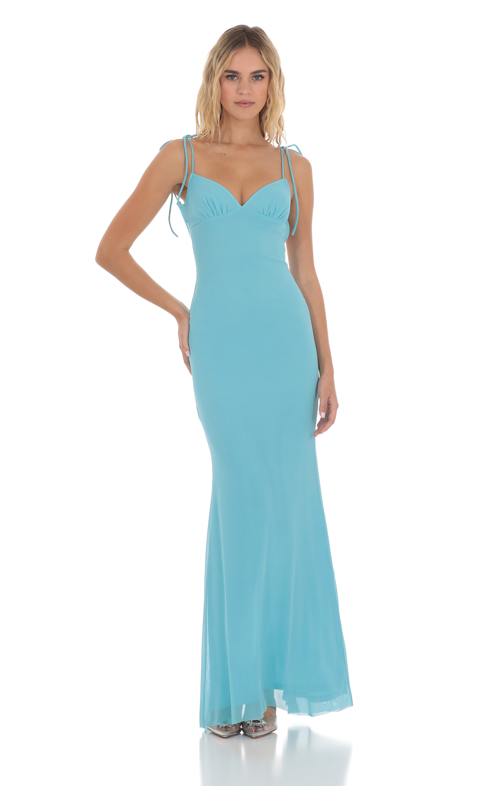 Mesh Open Back Maxi Dress in Aqua-My Sky Diva