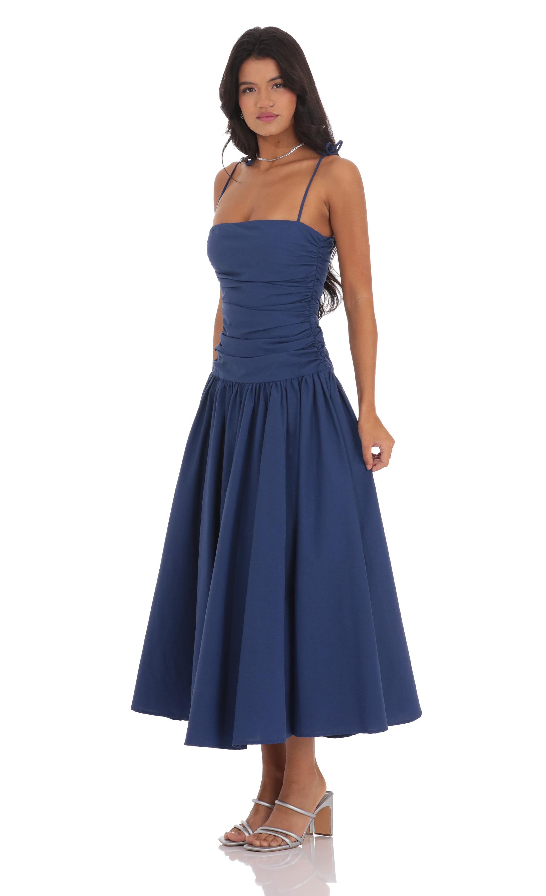 Ruched Square Neck Midi Dress in Navy-My Sky Diva