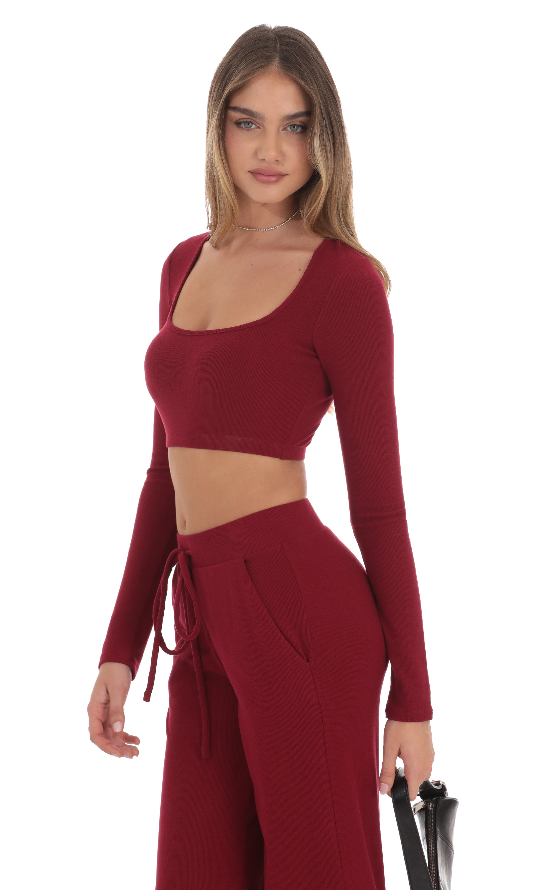 Cropped Ribbed Top in Maroon-My Sky Diva