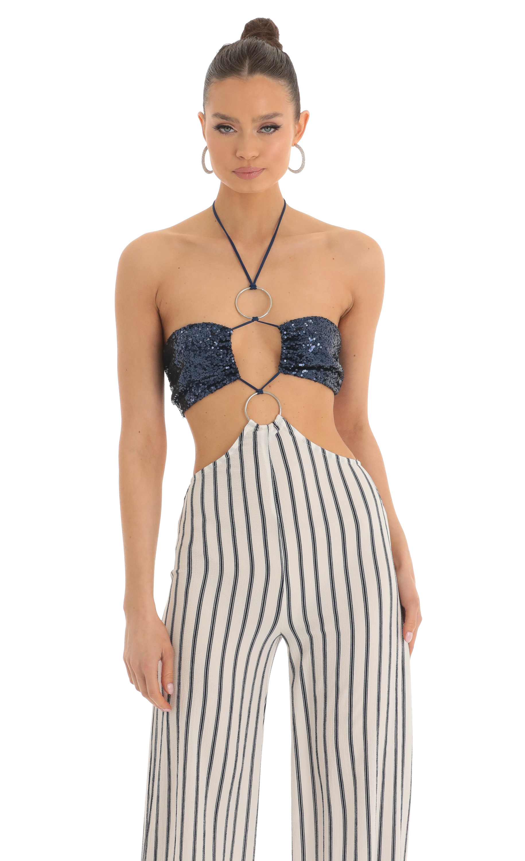 Sequin Halter Striped Jumpsuit in White and Navy-My Sky Diva