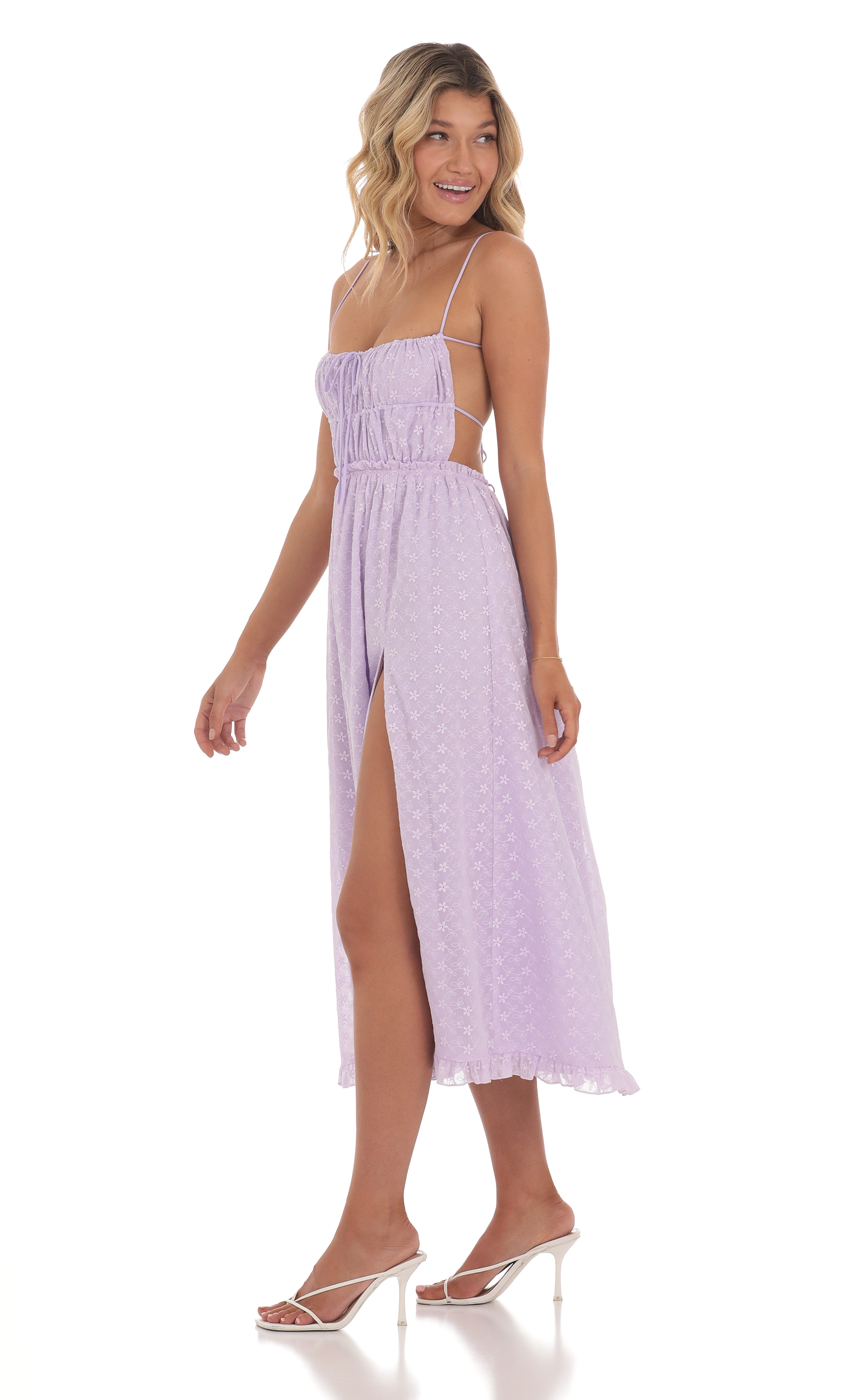 Floral Embroidered Open Back Midi Dress in Lavender-My Sky Diva