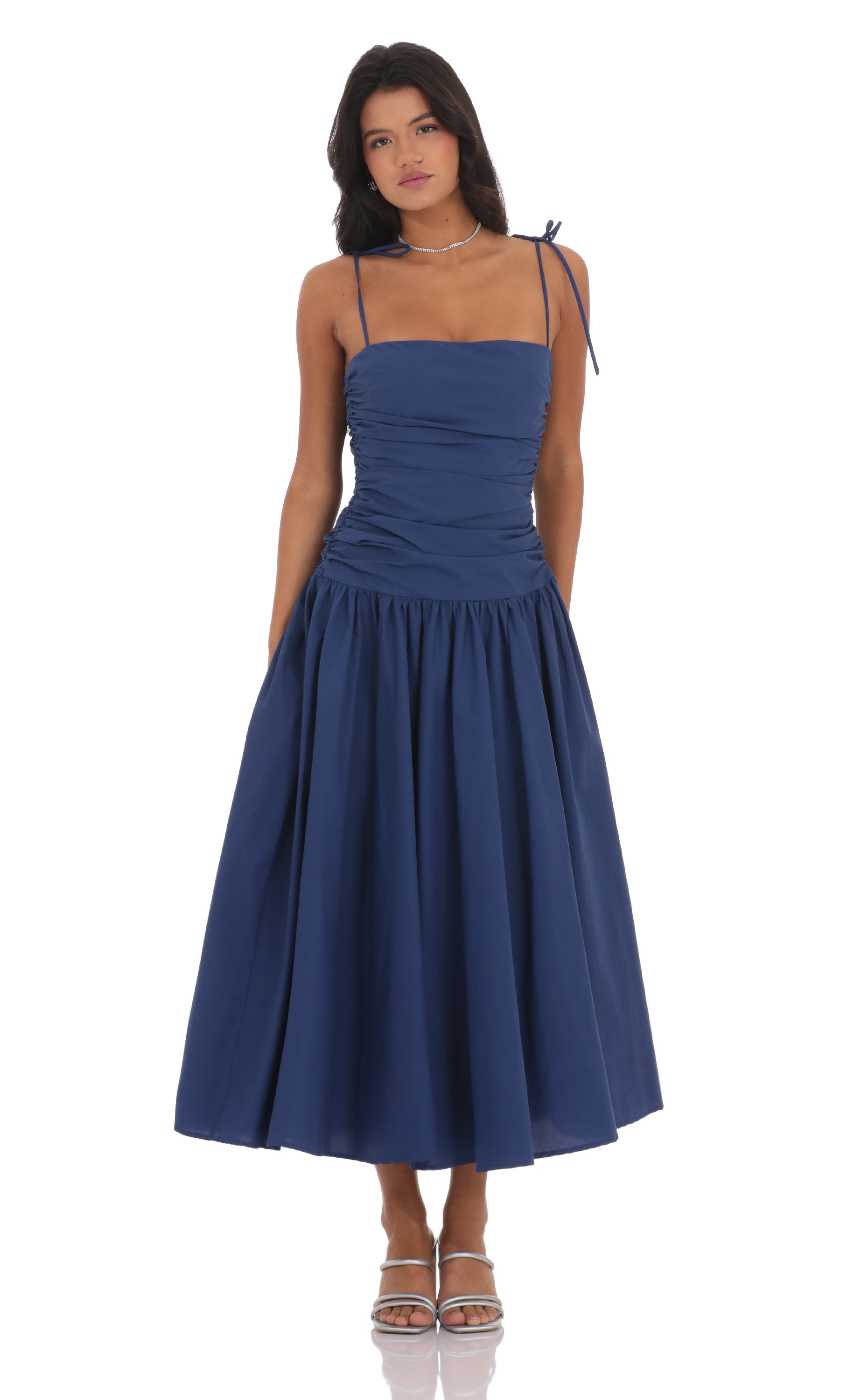 Ruched Square Neck Midi Dress in Navy-My Sky Diva