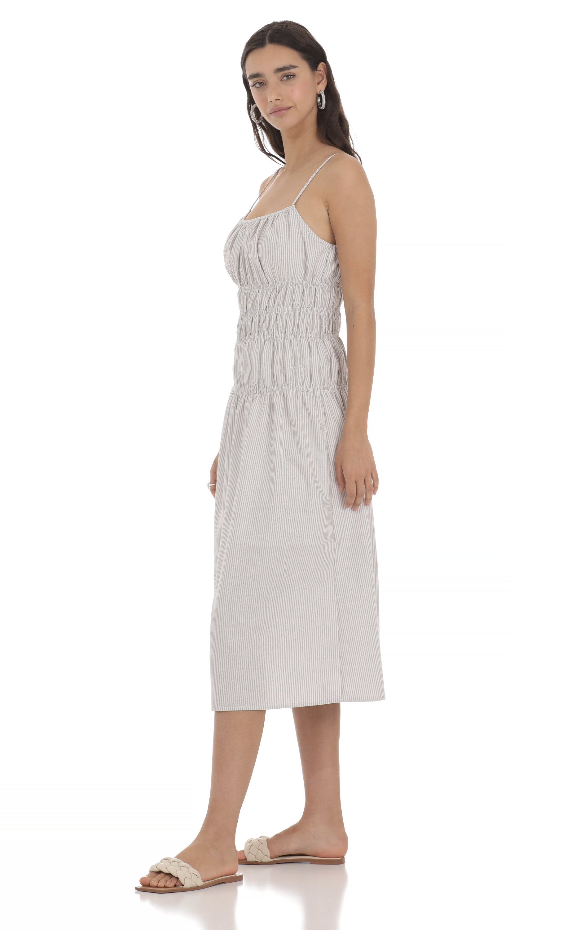 Ruched Striped Midi Dress in Grey-My Sky Diva